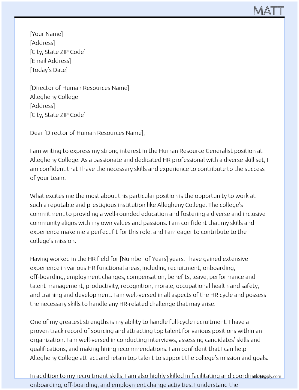 Human Resource Generalist At Allegheny College Cover Letter