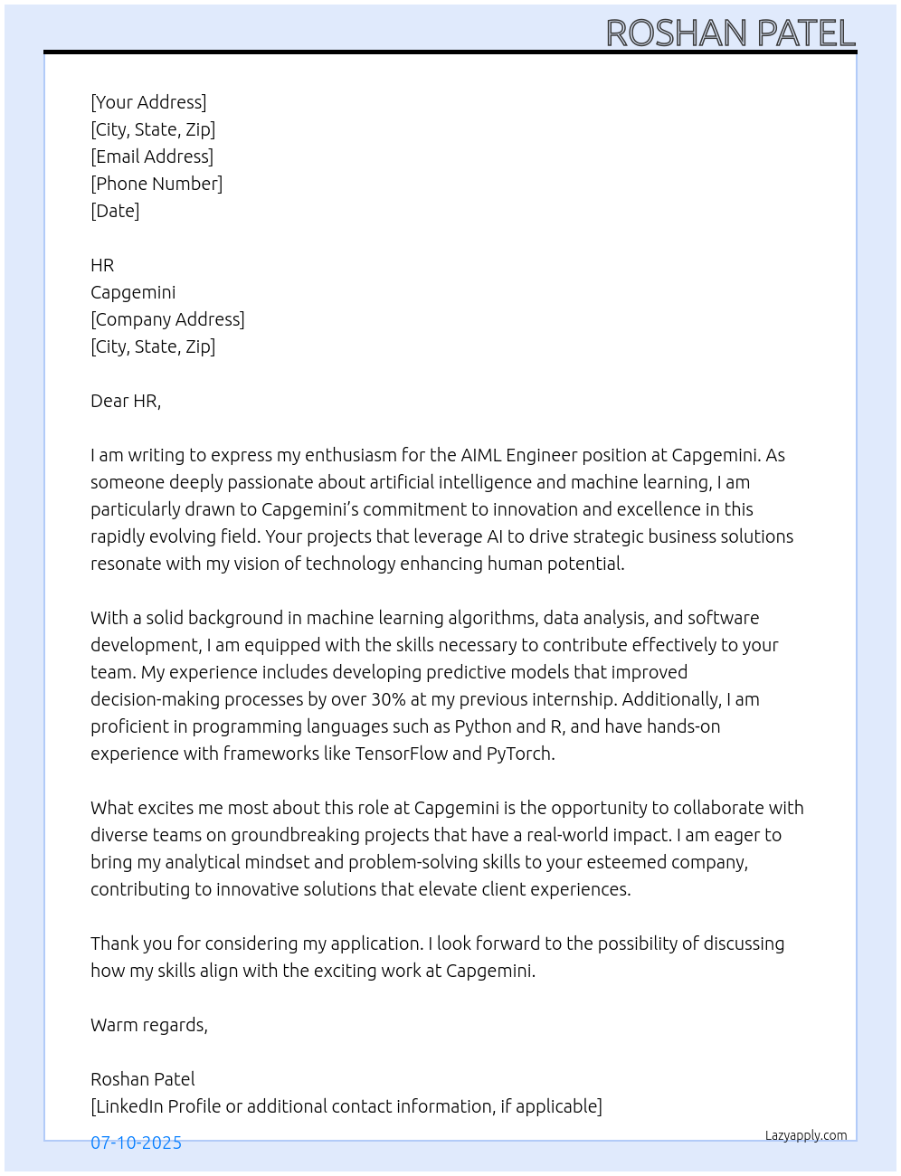 AIML Engineer At Capgemini Cover Letter
