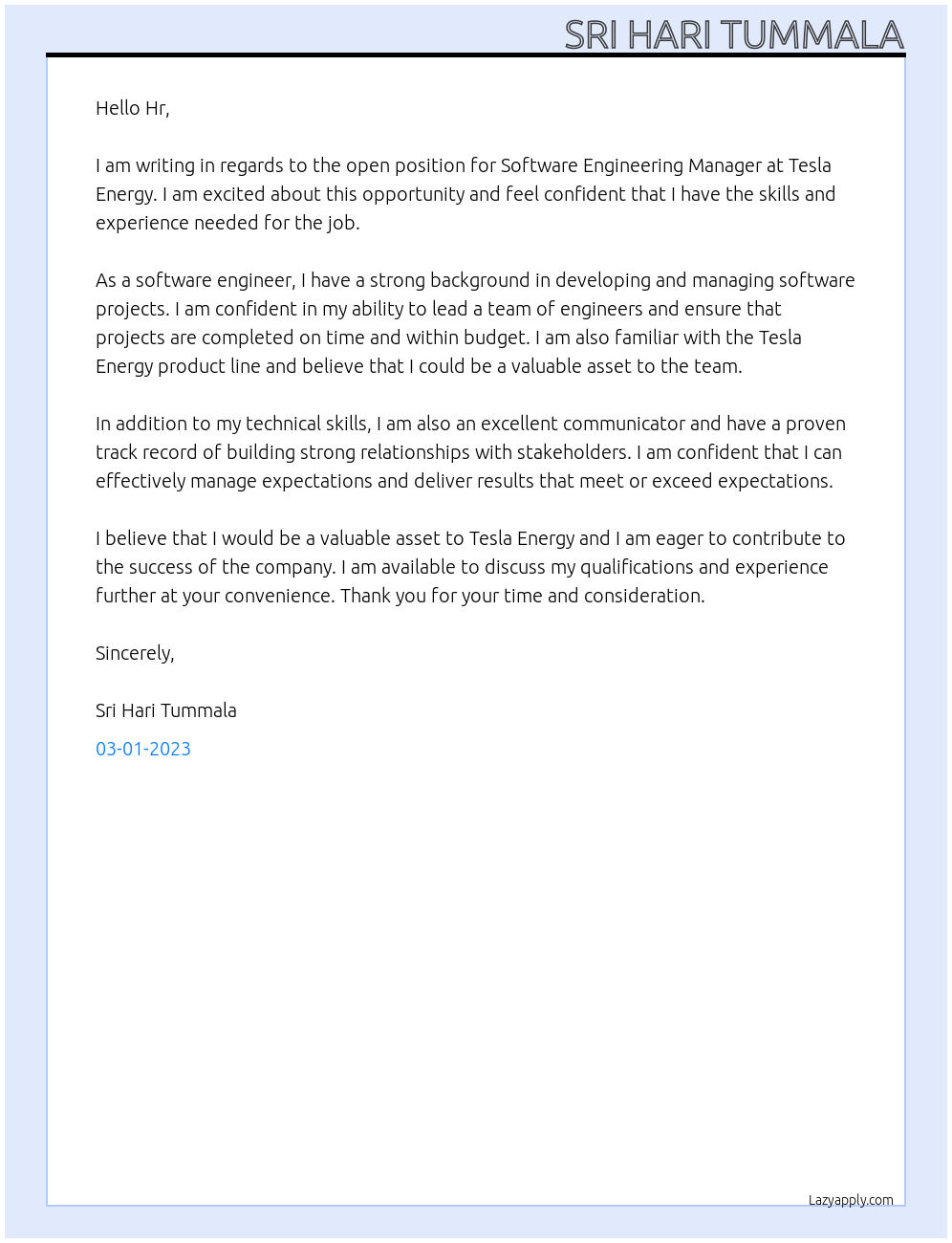 Software Engineering Manager At Tesla Energy Cover Letter