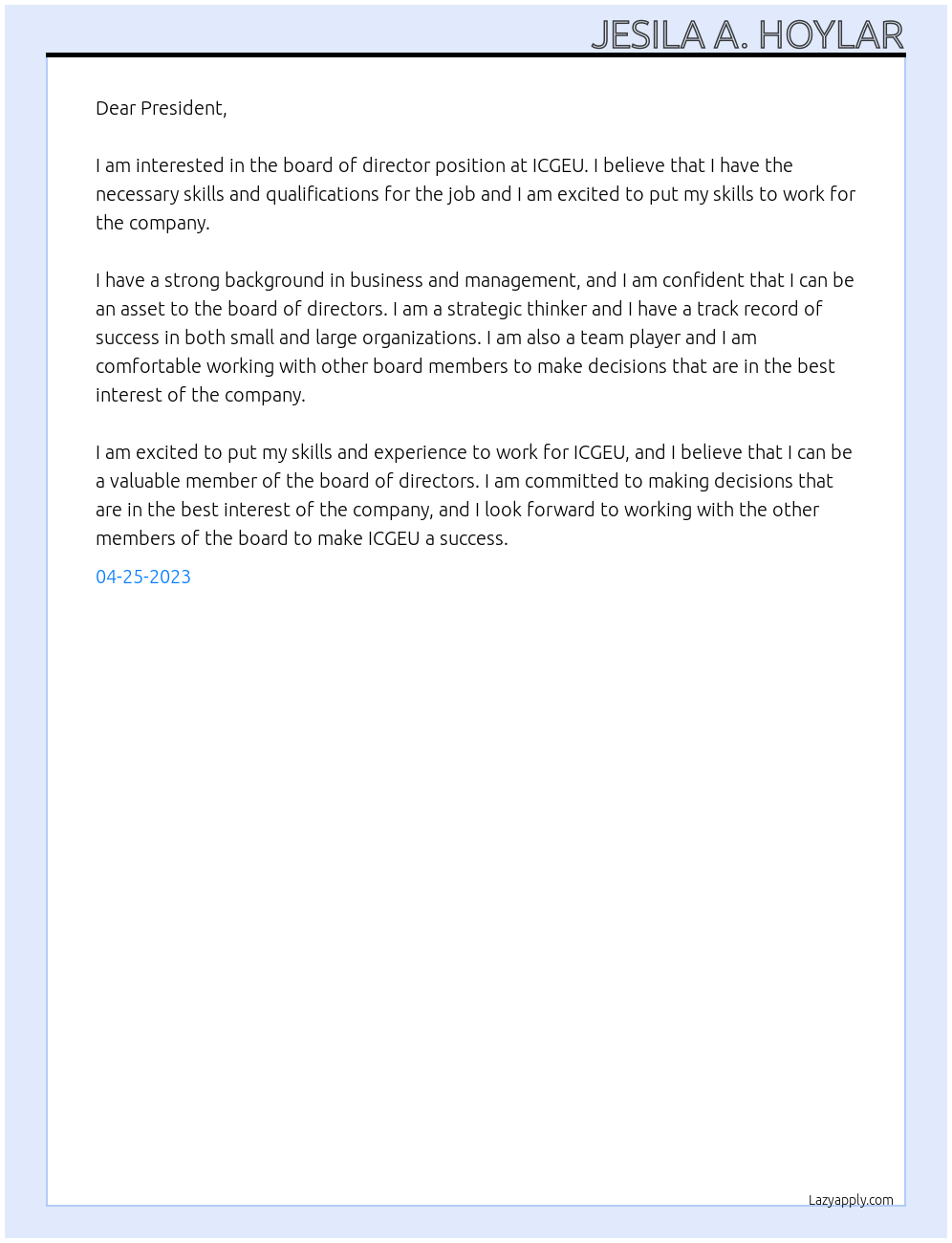 board of director At ICGEU Cover Letter