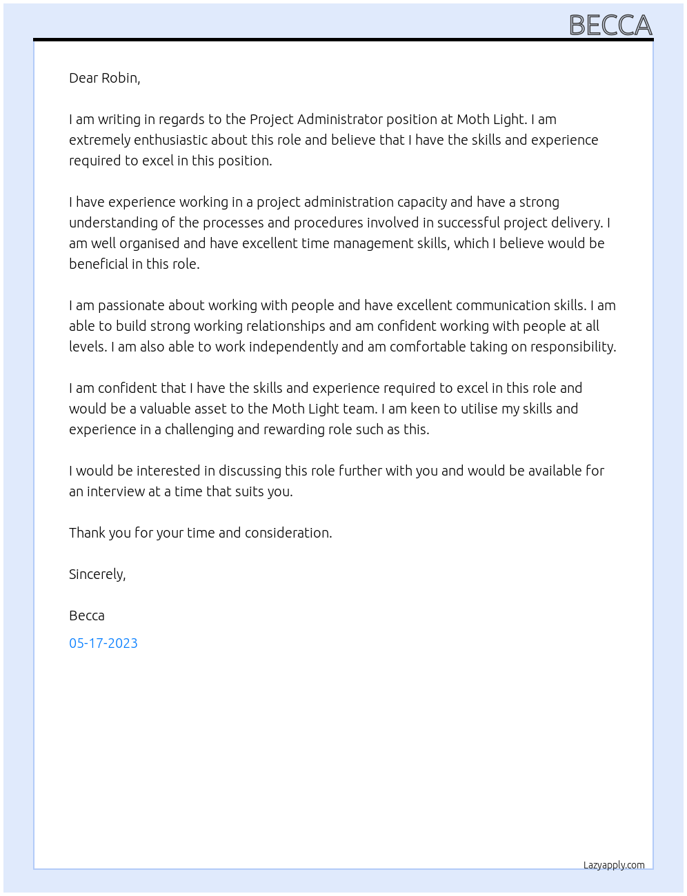 Project Administrator At Moth Light Cover Letter