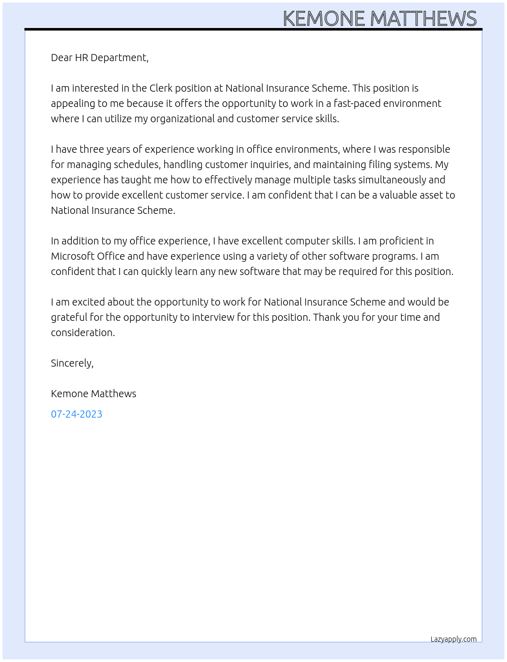 Clerk At National Insurance Scheme  Cover Letter