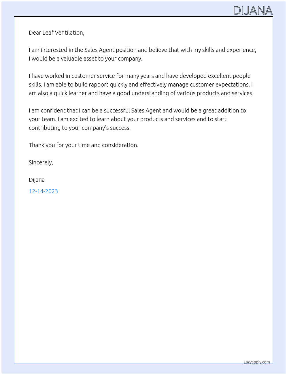 Sales agent At Leaf Ventilation Cover Letter