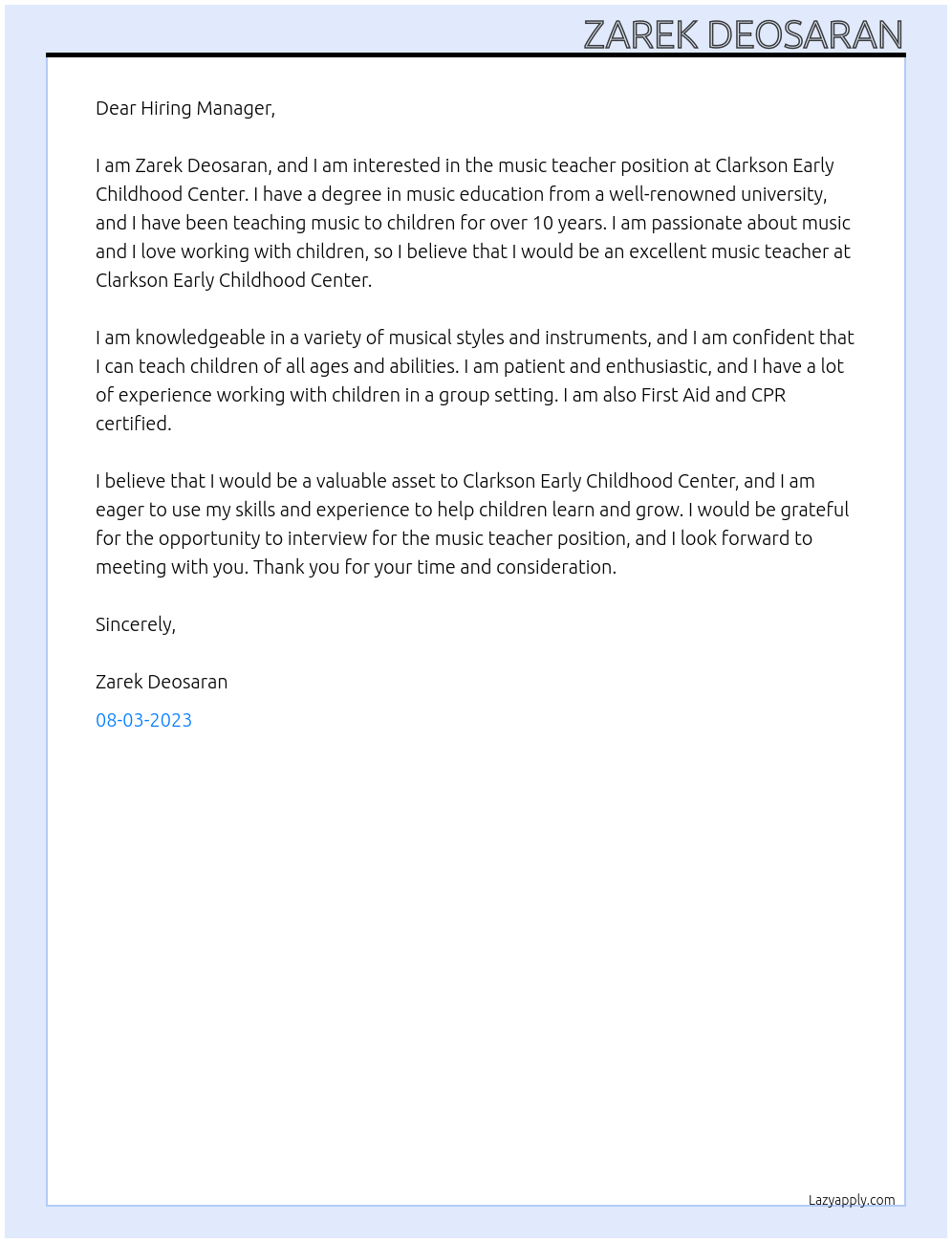 Music Teacher At Clarkson Early Childhood Center Cover Letter