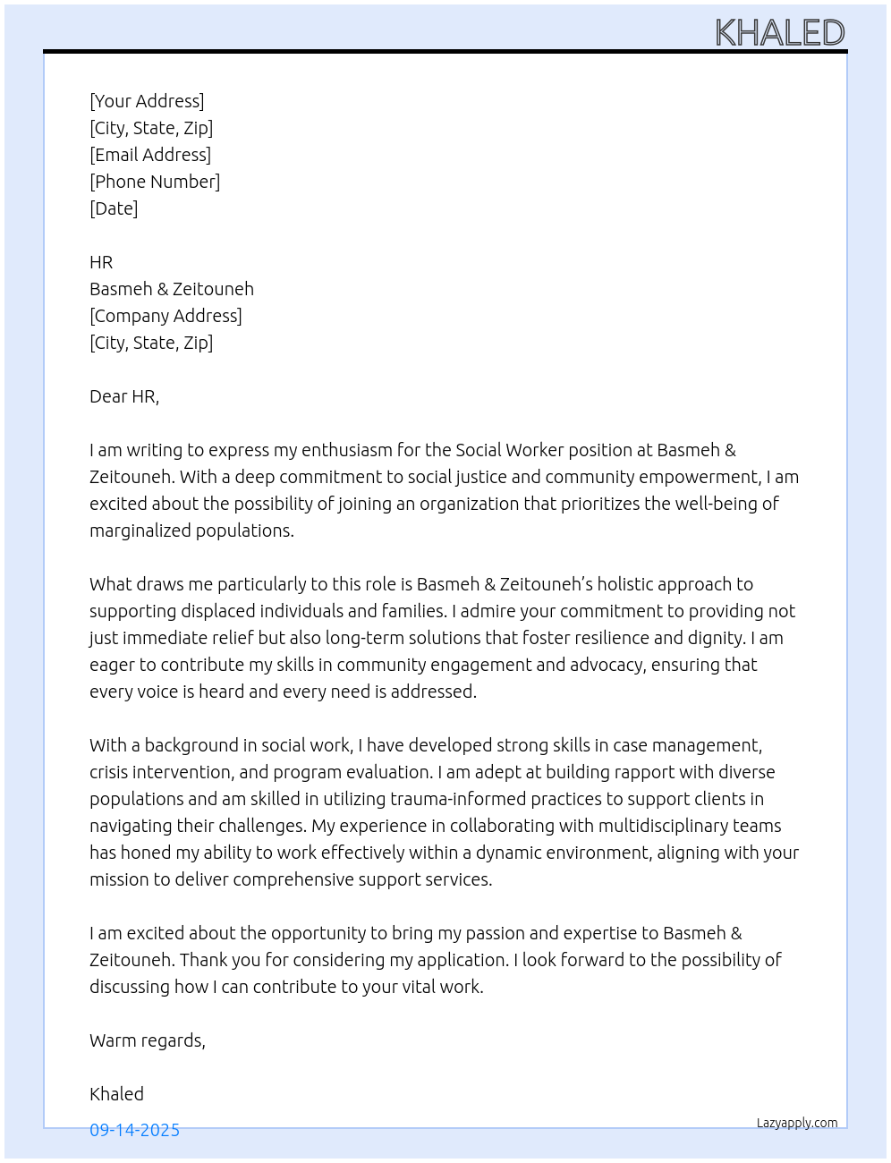 Social Worker At Basmeh & Zeitouneh Cover Letter