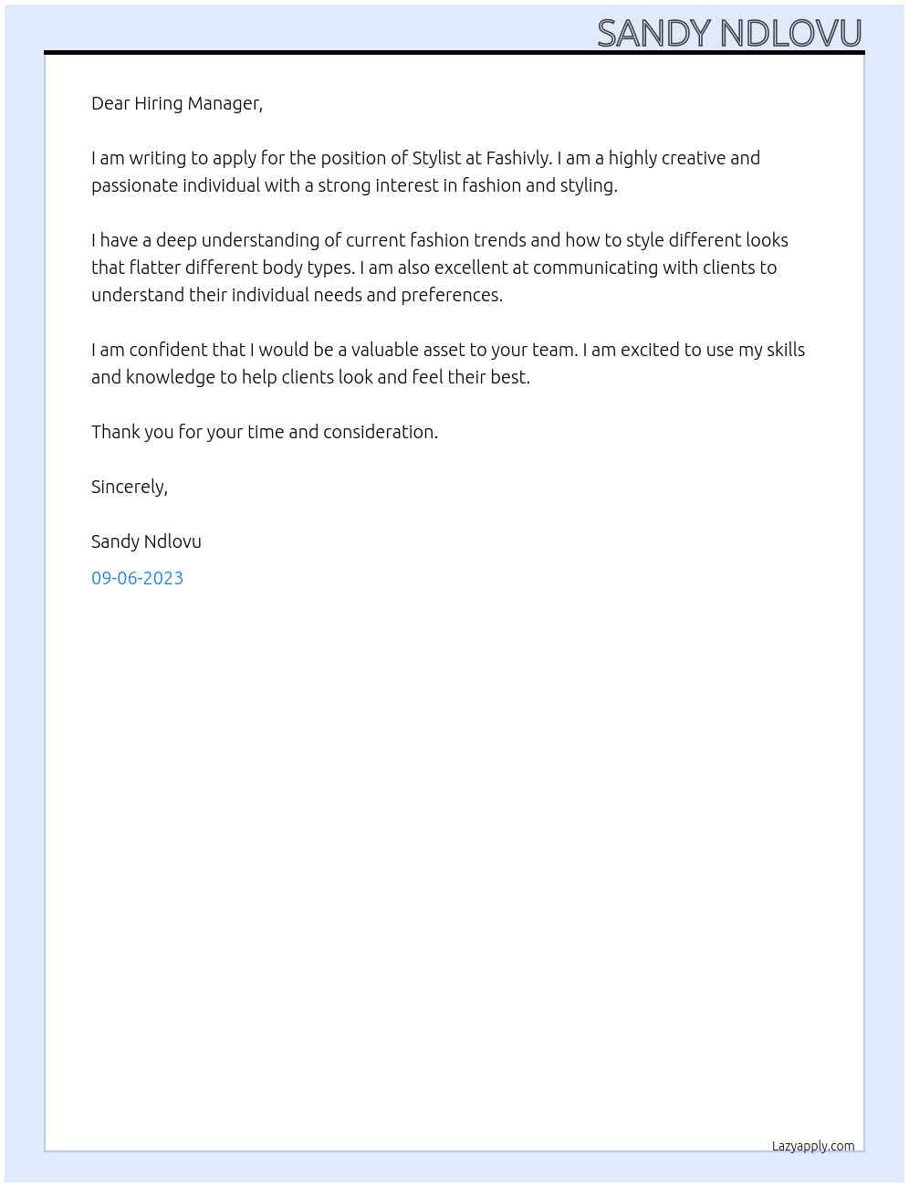 Stylist At Fashivly Cover Letter