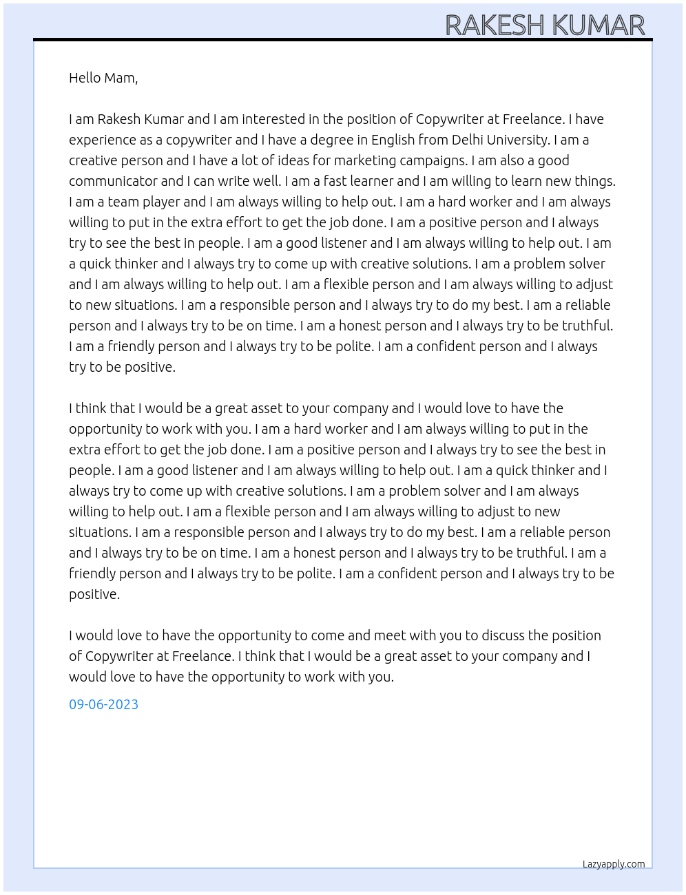 Copywriter At Freelance Cover Letter