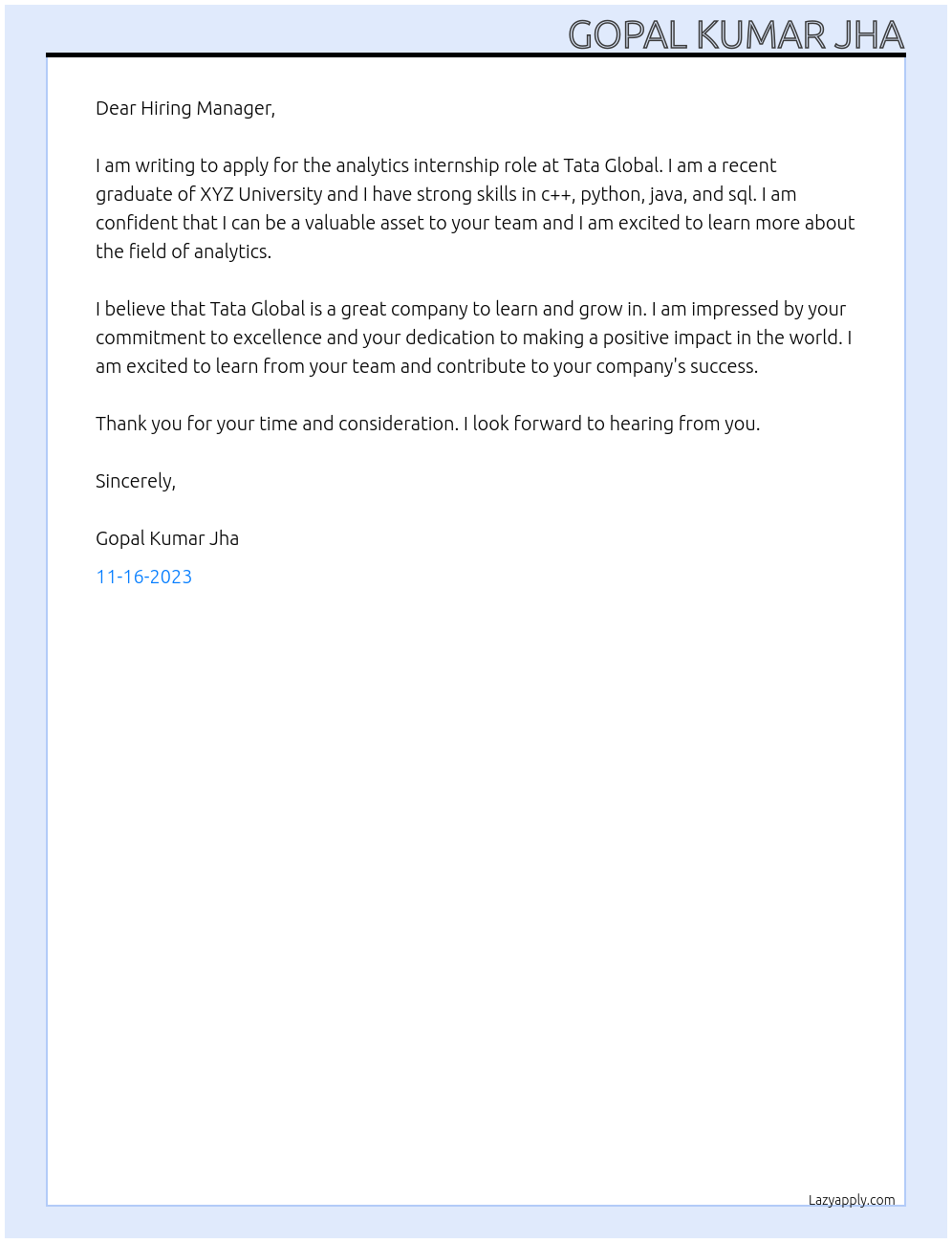 analytics At Tata Global Cover Letter