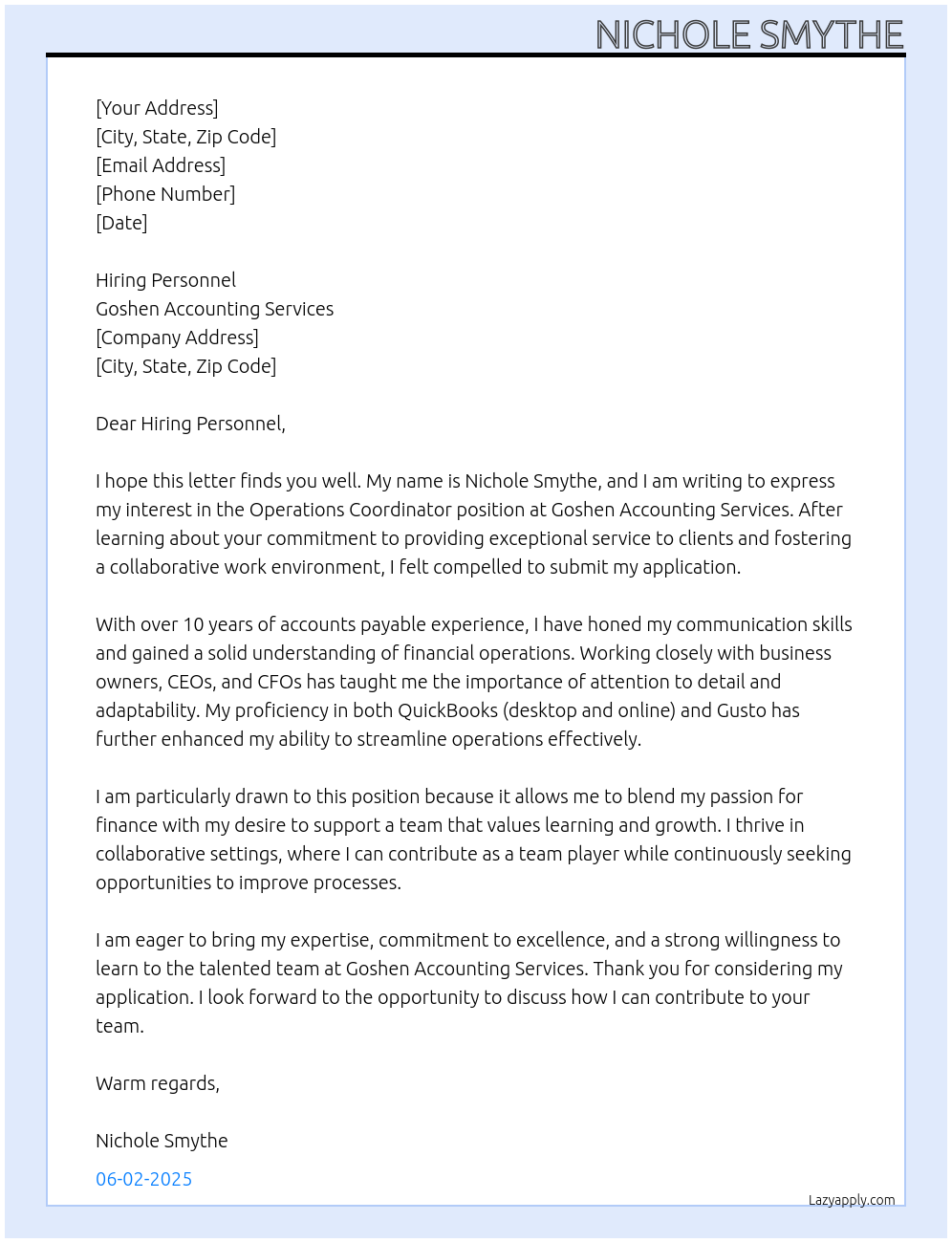 Operations coordinator At Goshen Accounting Sevices Cover Letter