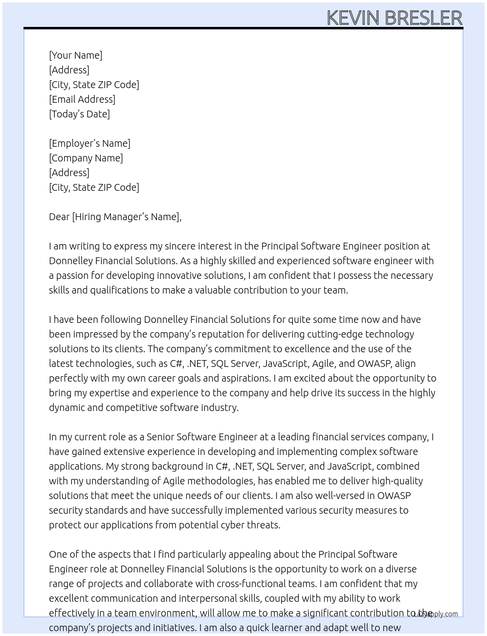 Principal Software Engineer At Donnelley Financial Solutions Cover Letter