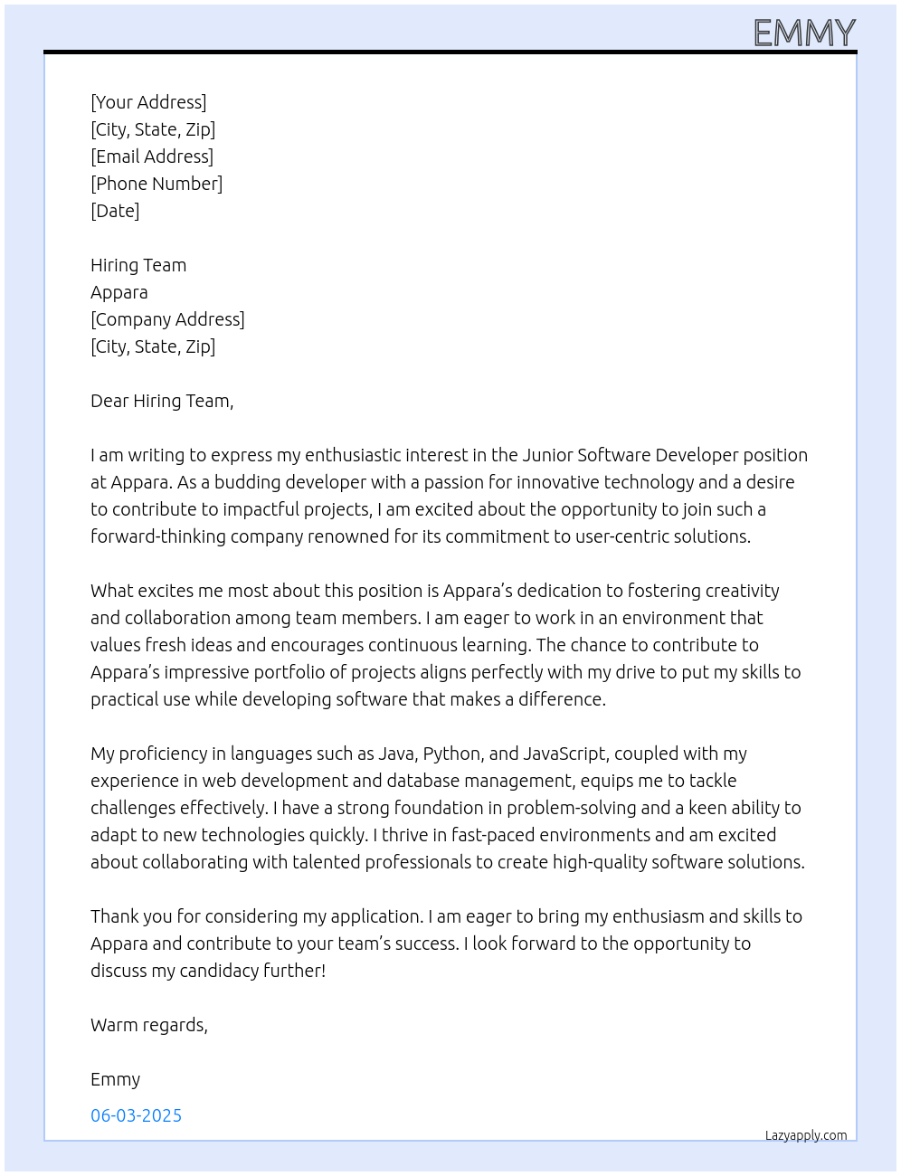 Cover letter for junior software developer - LazyApply