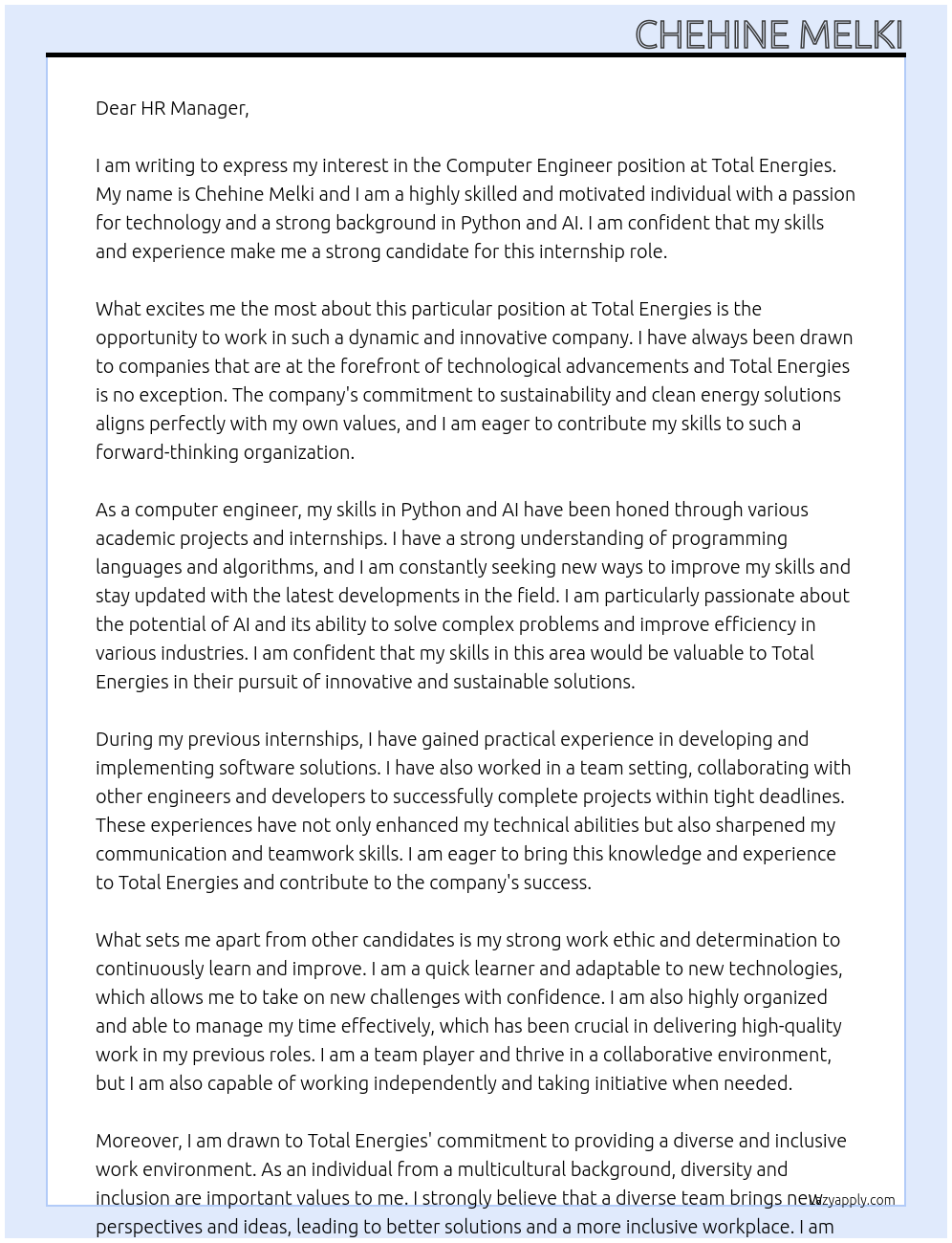 Computer engineer At total energies Cover Letter