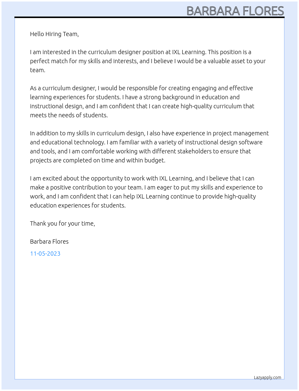 Curriculum Designer At IXL Learning Cover Letter