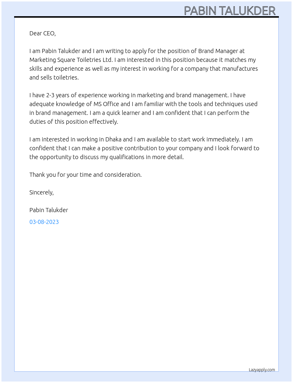 Brand Manager At Marketing Square Toiletries Ltd Cover Letter