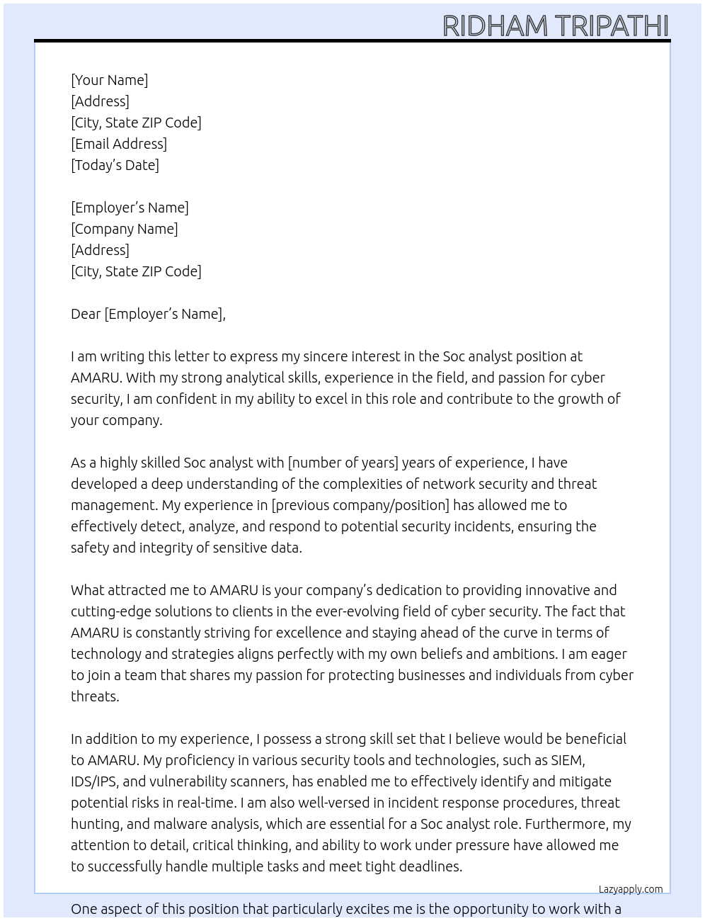 Soc analyst At AMARU Cover Letter