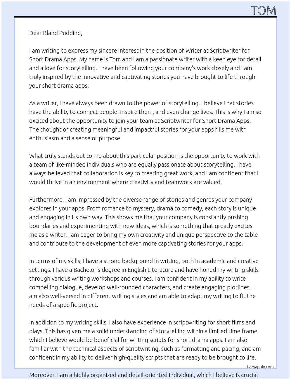 Writer At Scriptwriter for short drama apps Cover Letter