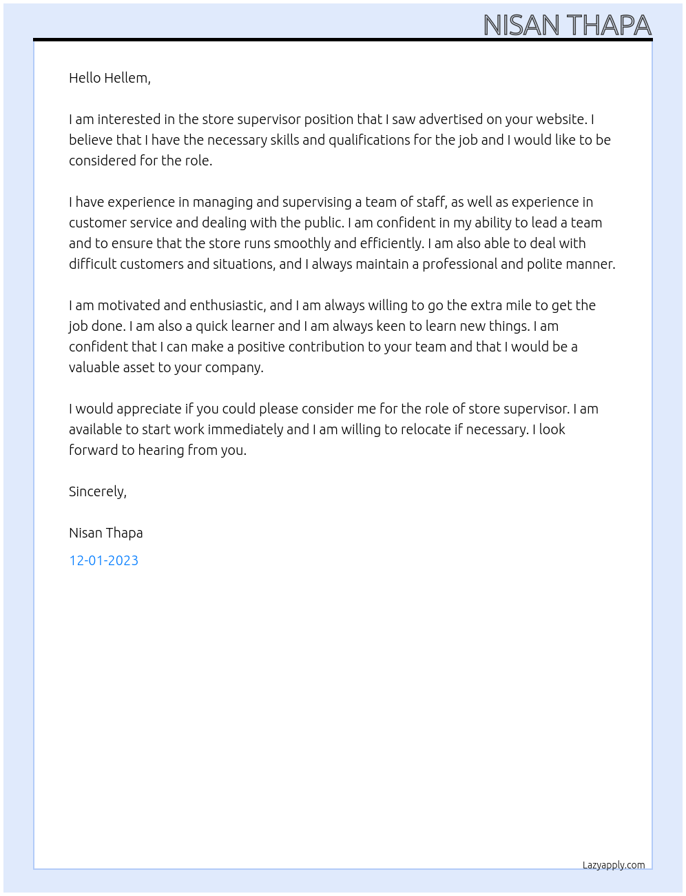 Store supervisor At hellem Cover Letter