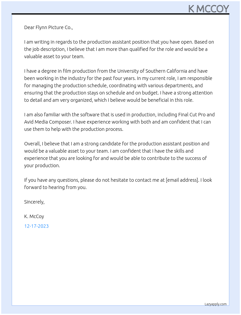 Production Assistant  At Feature Film Moana Cover Letter