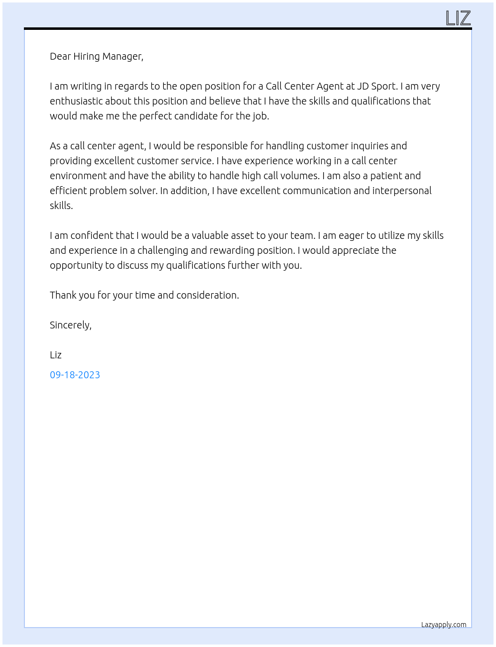 Call Center Agent At JD Sport Cover Letter