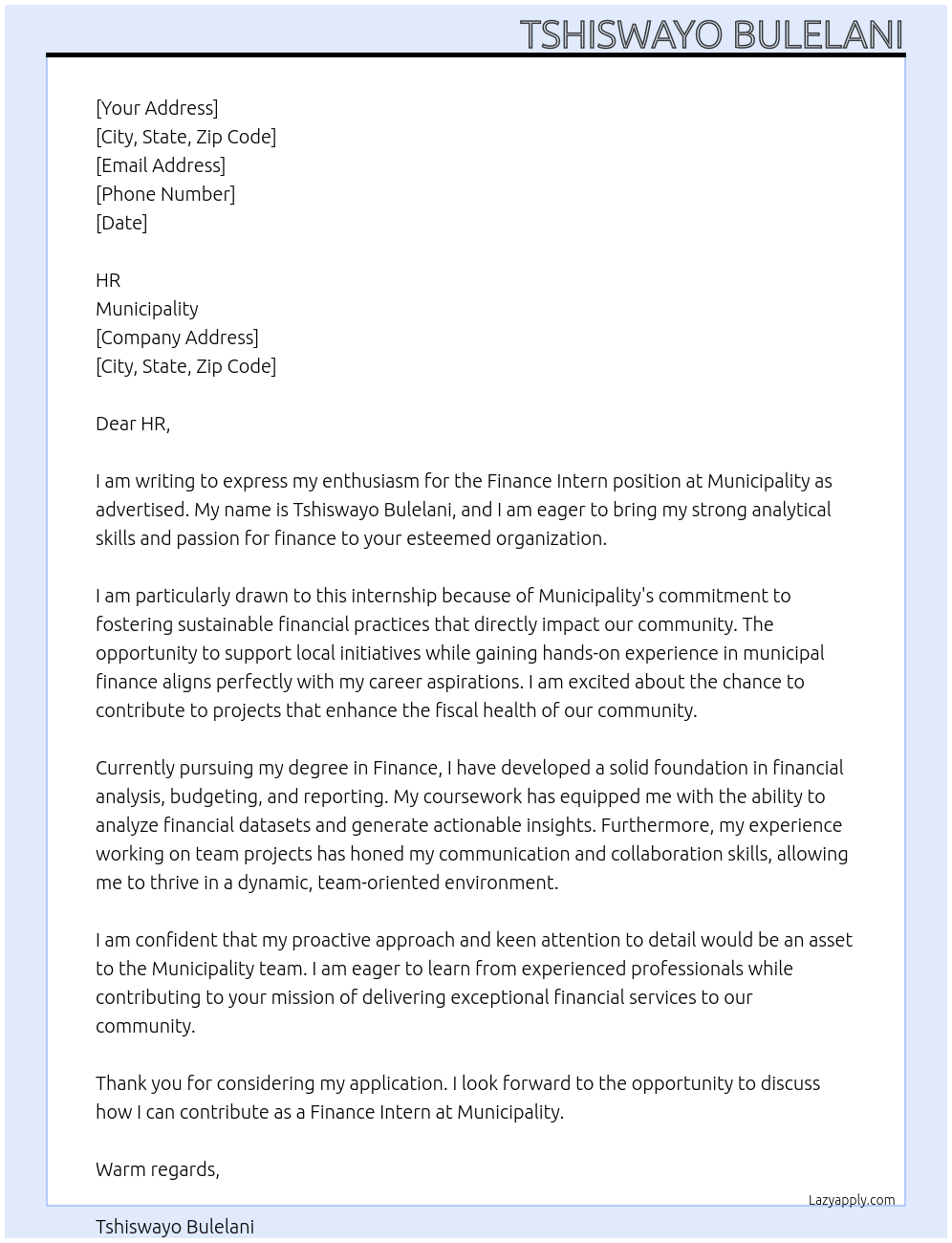 Cover letter for finance intern - LazyApply