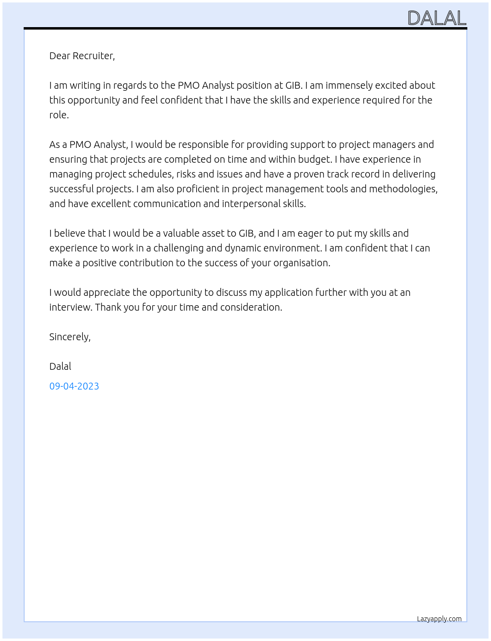 PMO Analyst At GIB Cover Letter