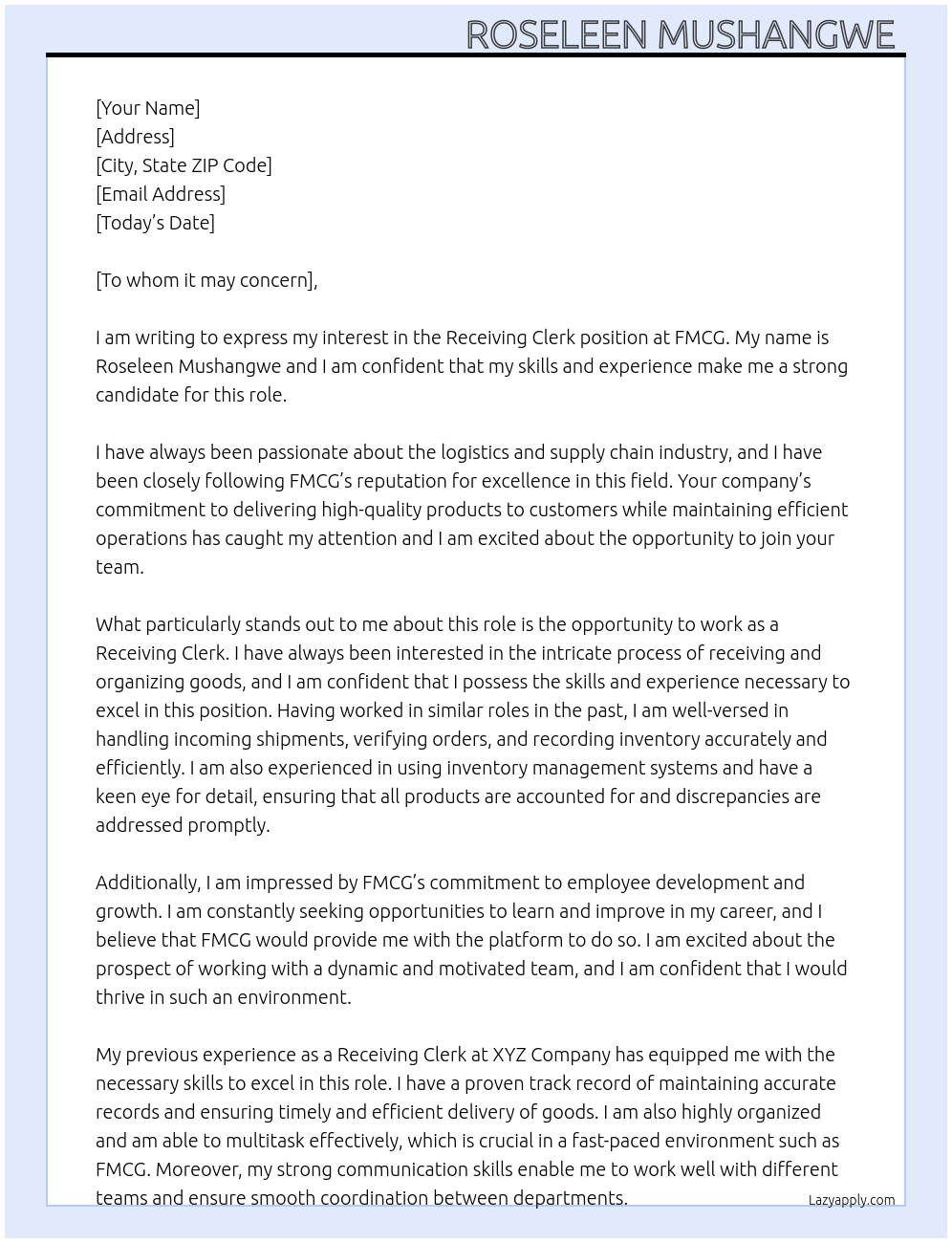 Receiving clerk  At FMCG Cover Letter