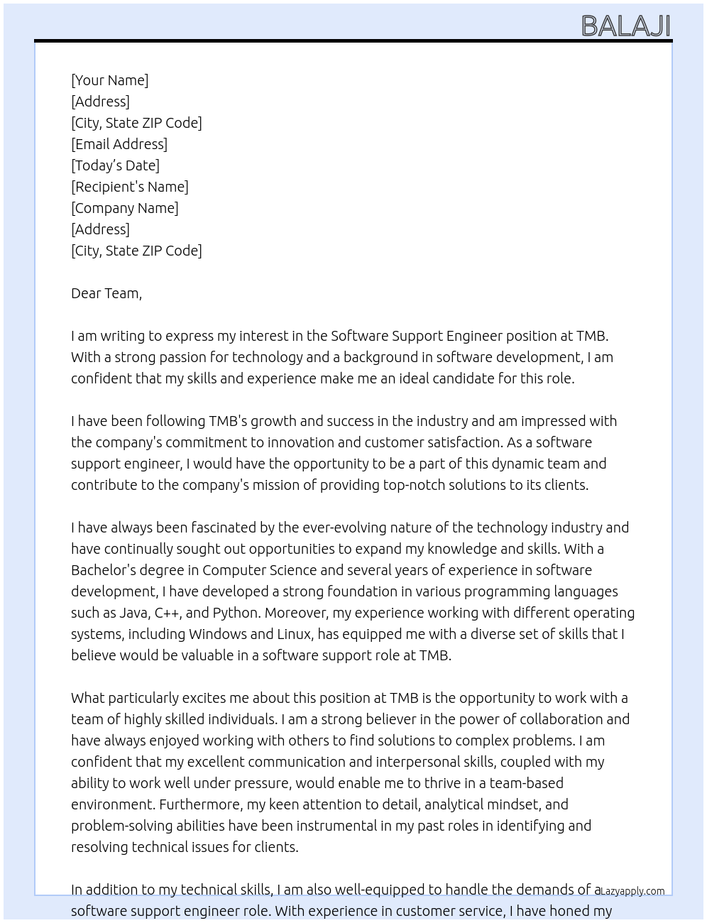 Cover letter for software support engineer - LazyApply