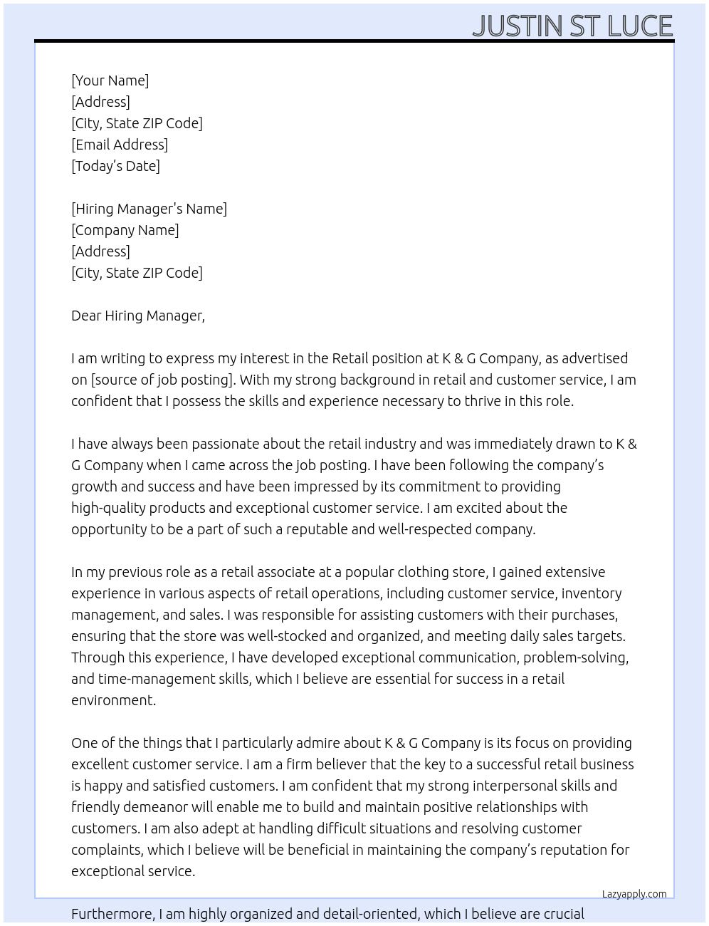 Retail At K & G Company Cover Letter
