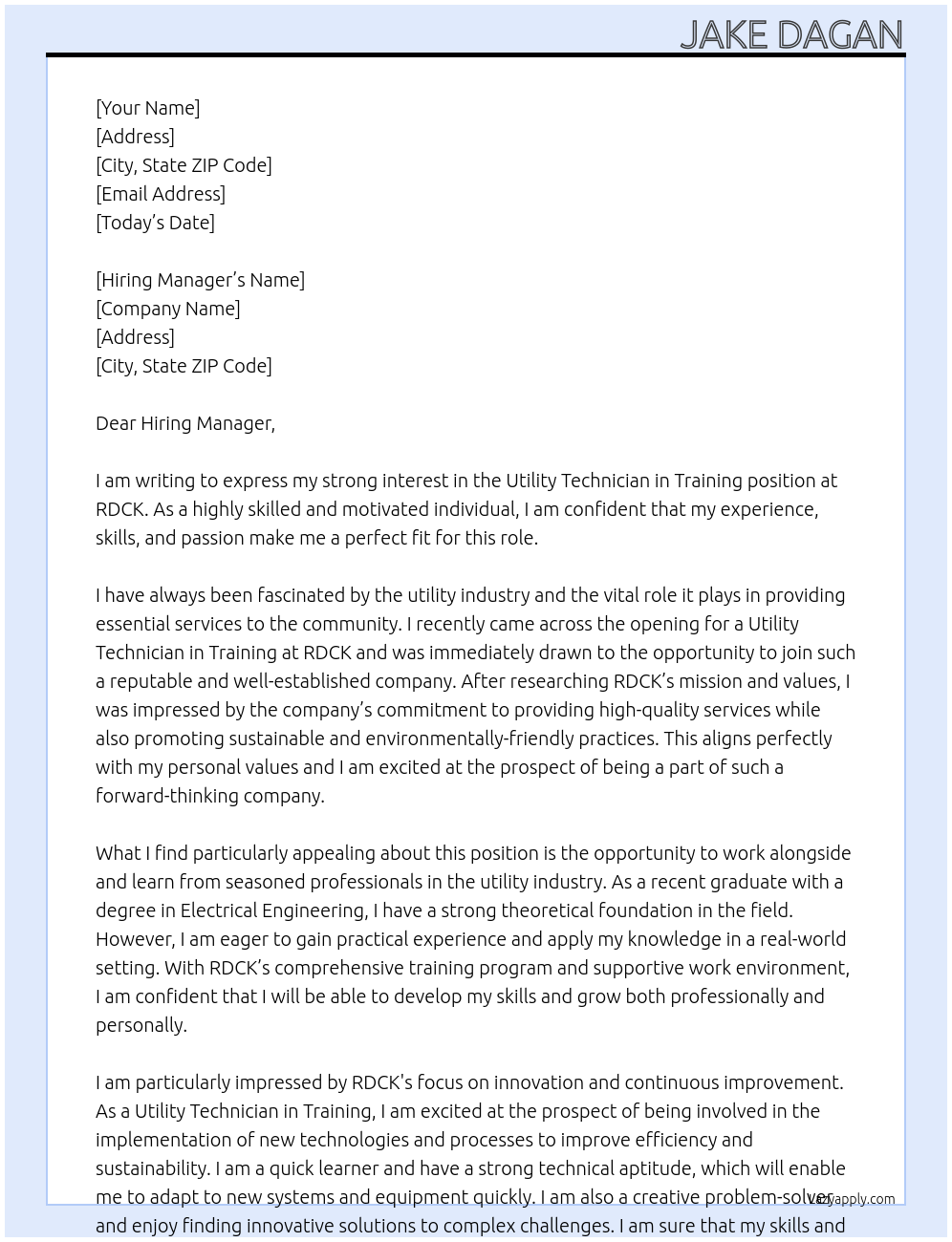 Cover letter for utility technician in training - LazyApply