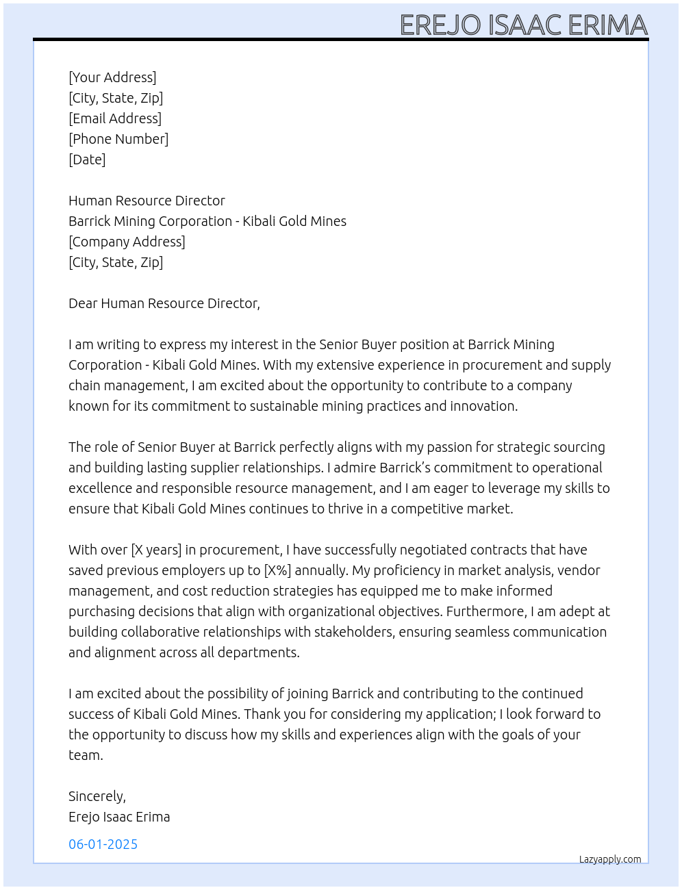 Senior Buyer At Barrick Mining Corporation - Kibali Gold Mines Cover Letter