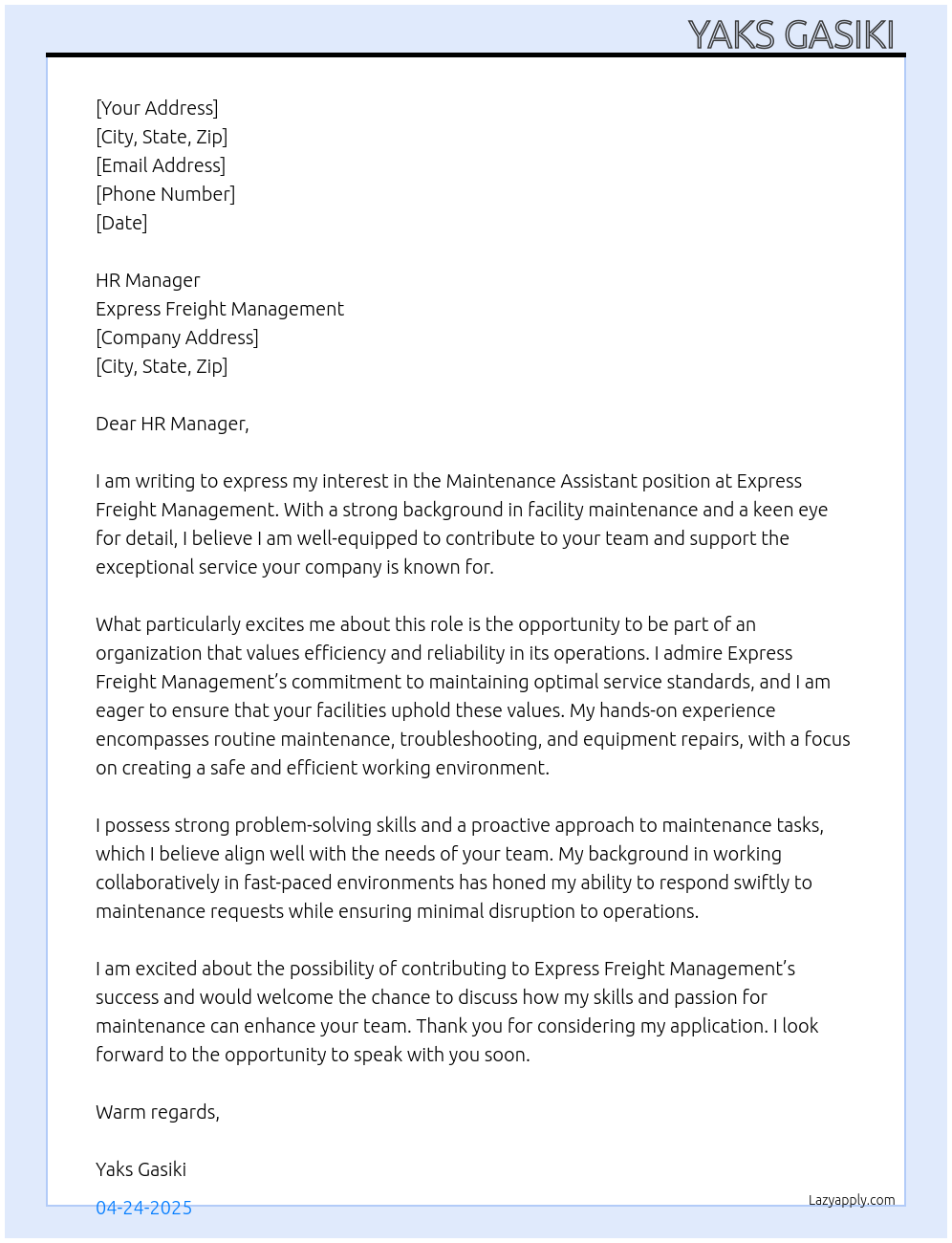 Cover letter for maintenance assistant - LazyApply