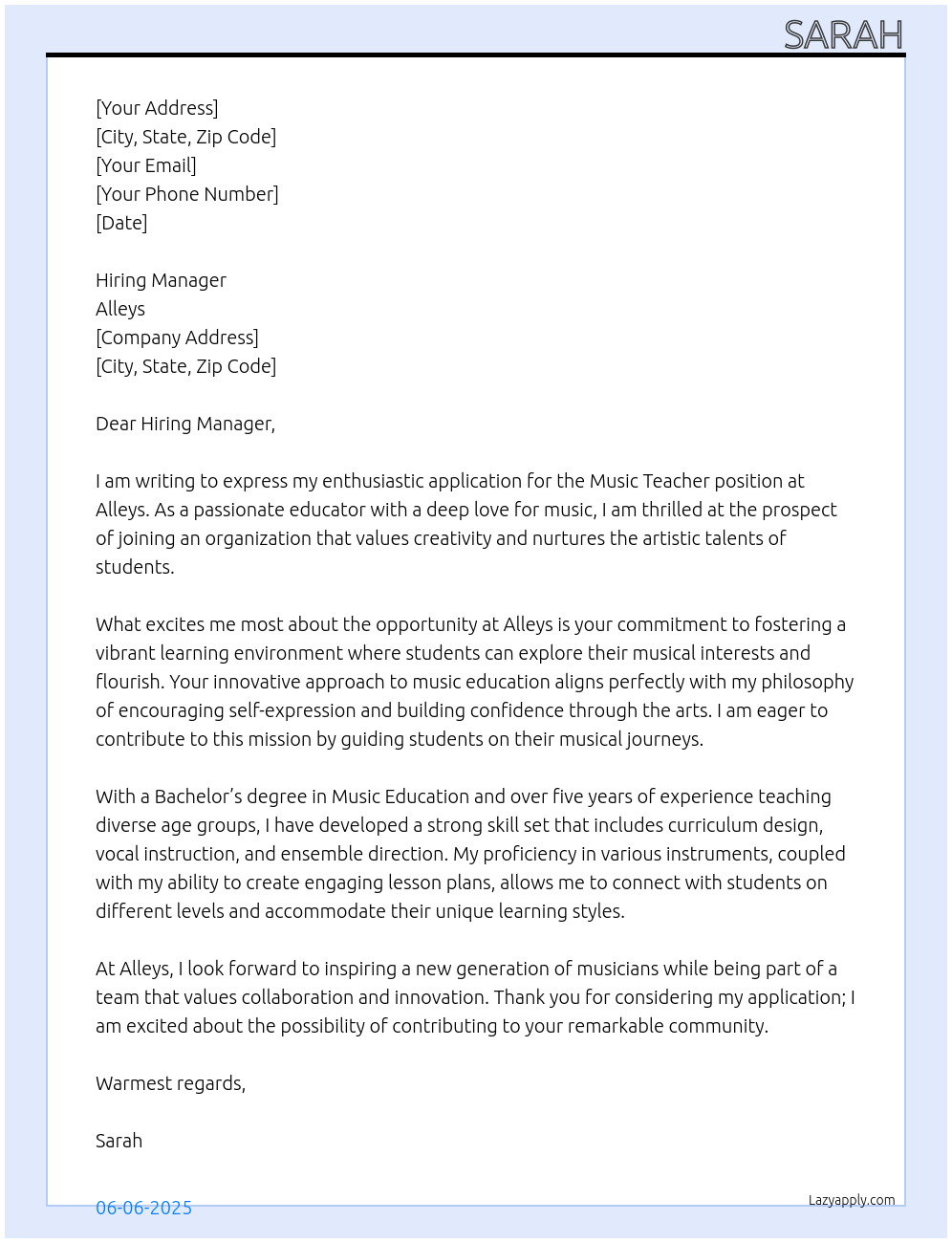 Music Teacher At alleys Cover Letter