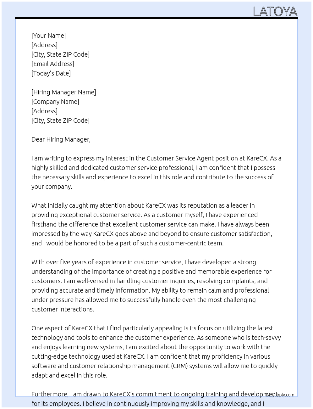 Customer service agent  At KareCX Cover Letter