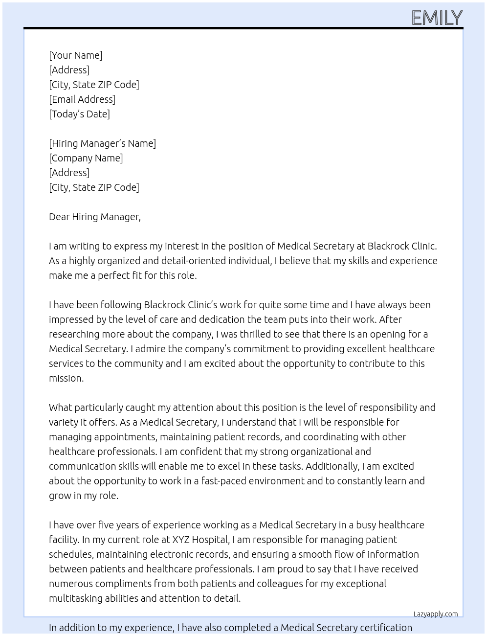 Medical secretary  At Blackrock clinic  Cover Letter