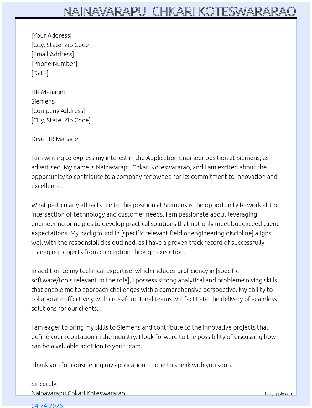 application engineer At Siemens Cover Letter