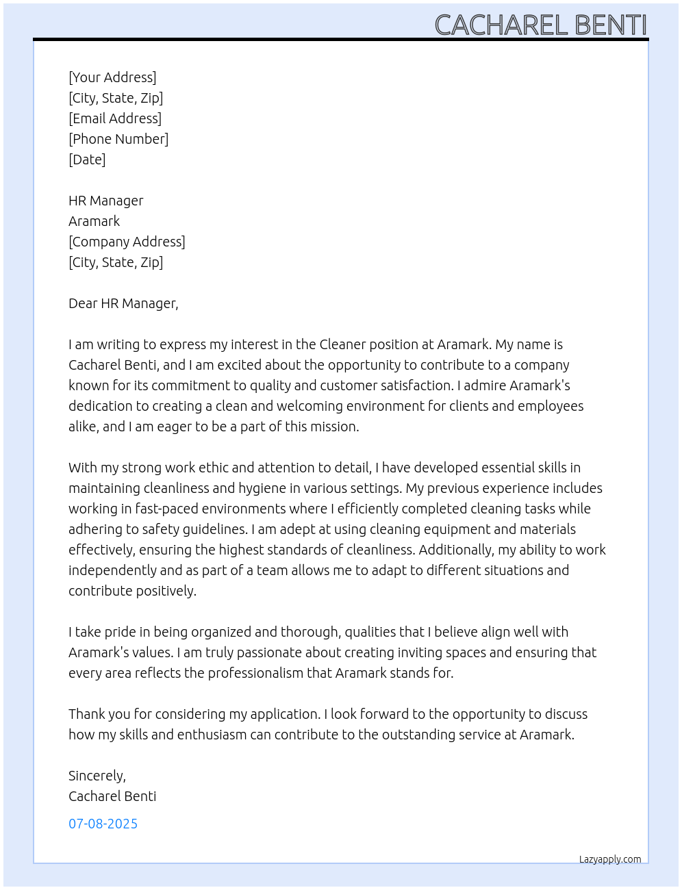 Cleaner At Aramark Cover Letter