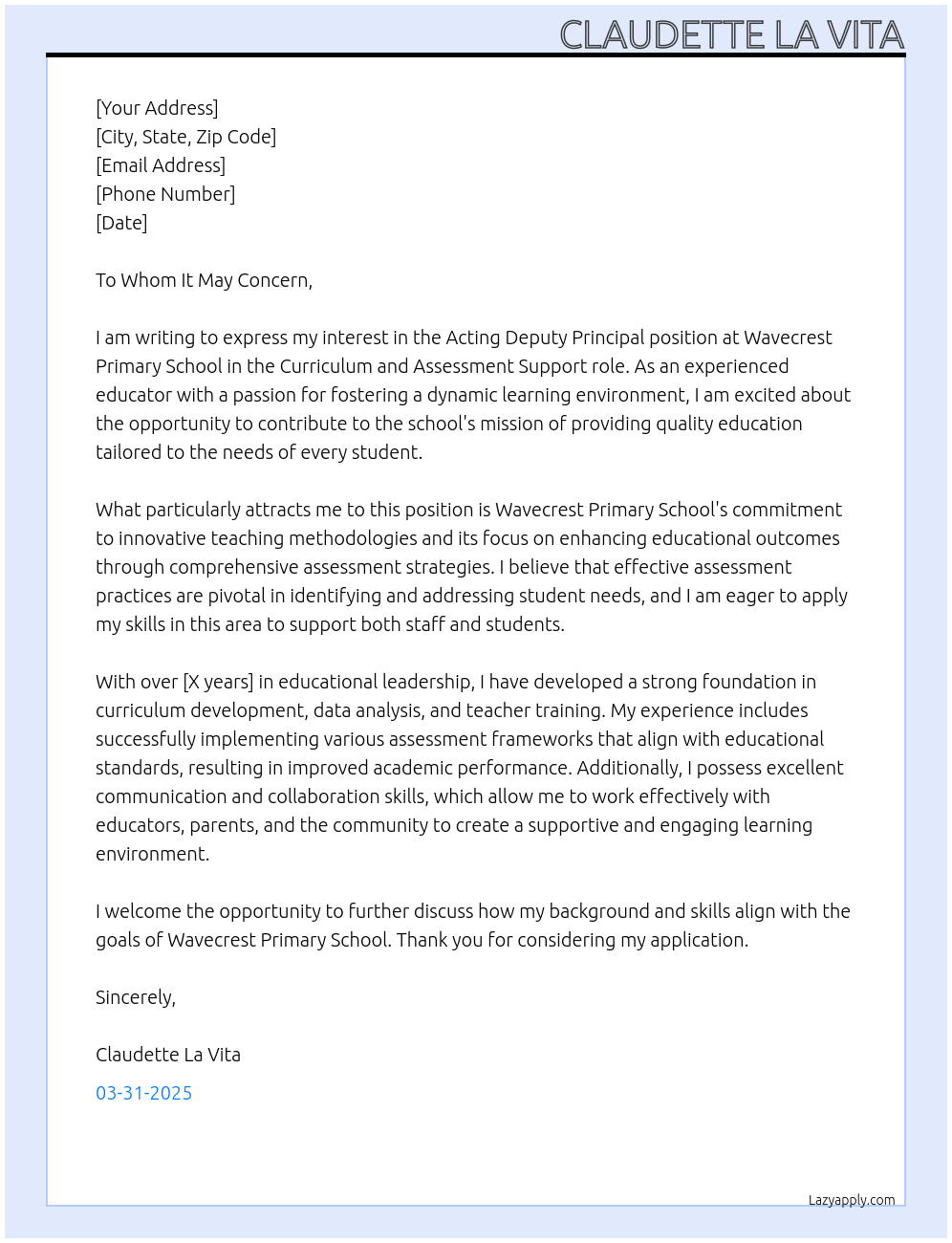 Acting Deputy Principal At Wavecrest Primary School Cover Letter