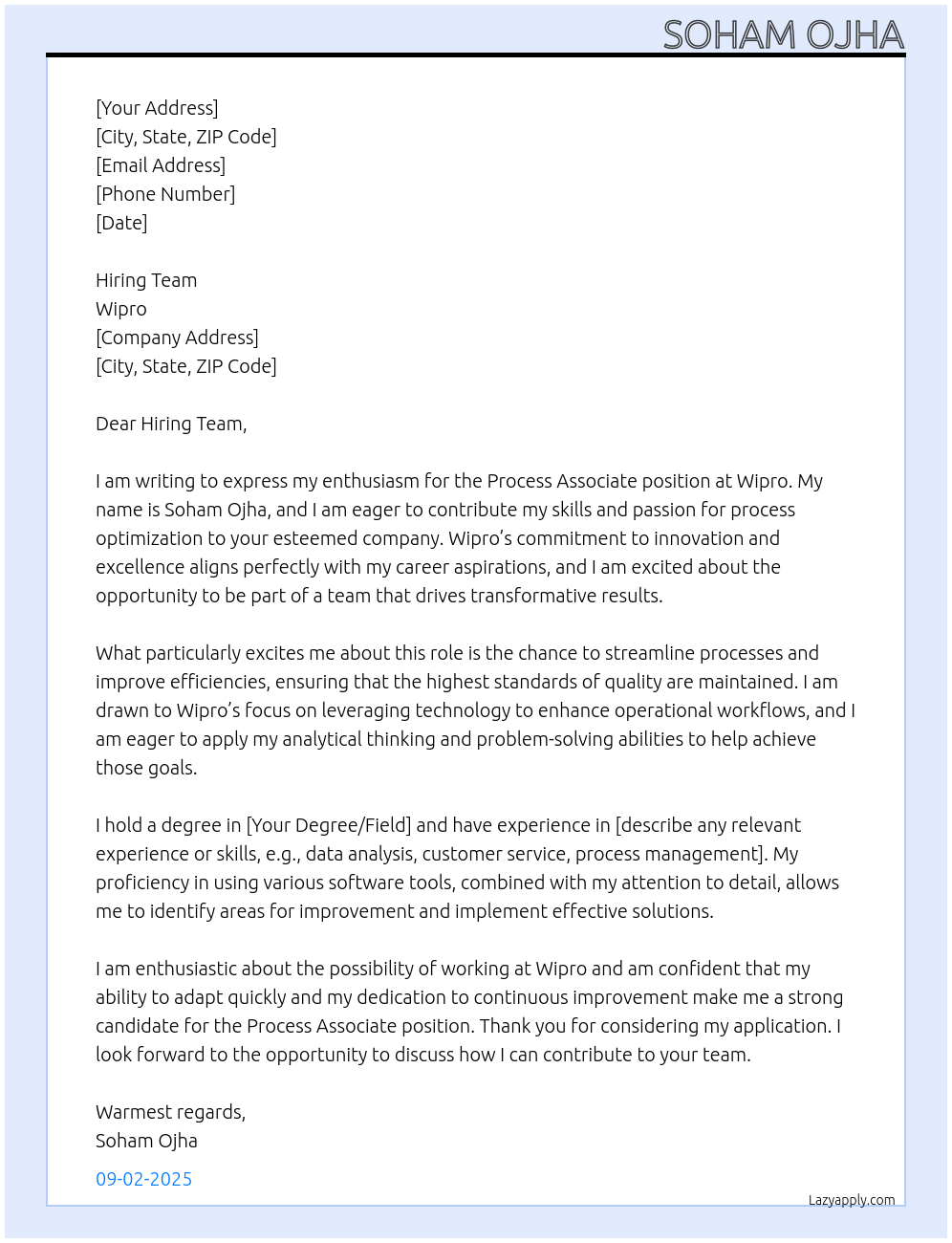 Process Associate At Wipro Cover Letter