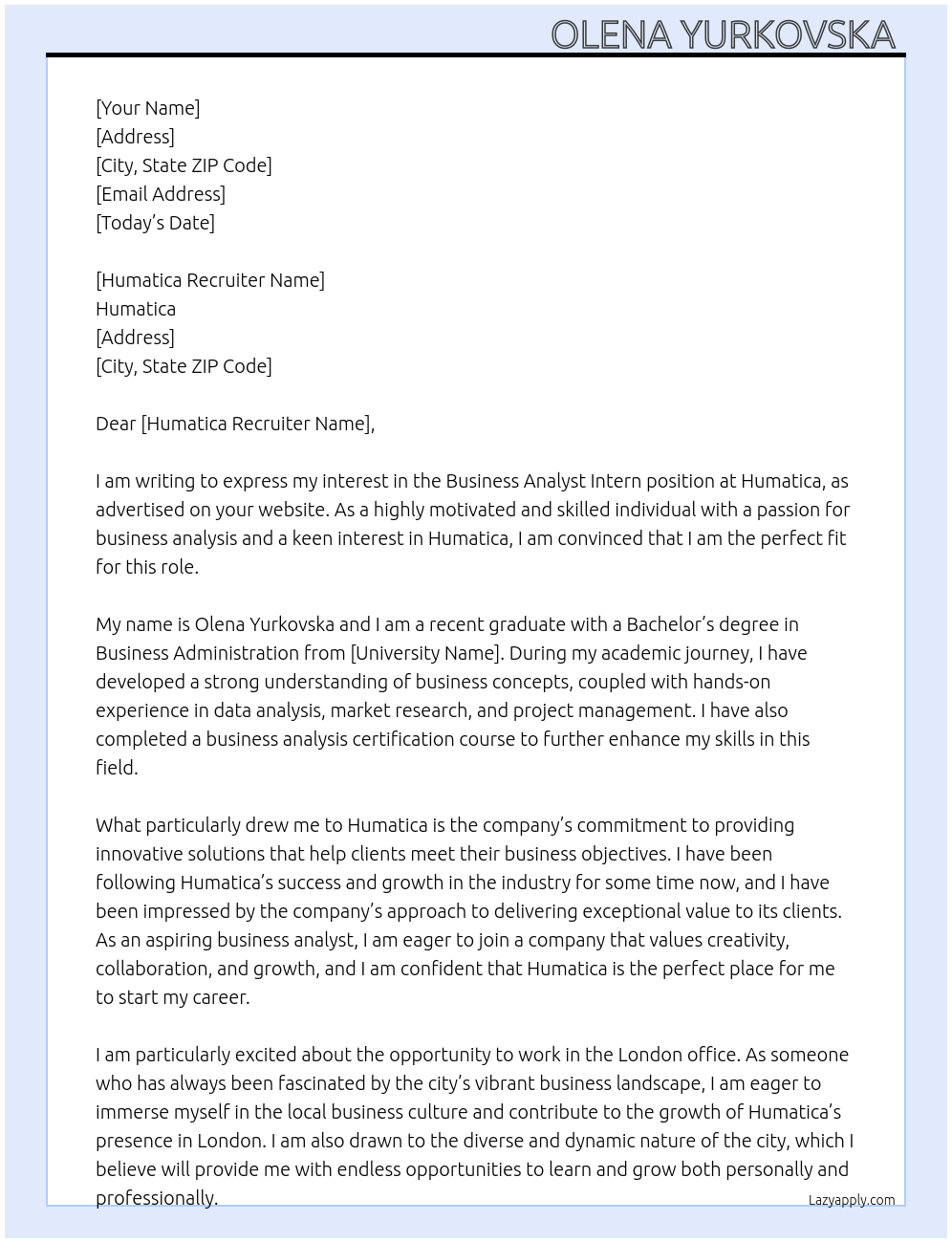 Business Analyst Intern At Humatica Cover Letter