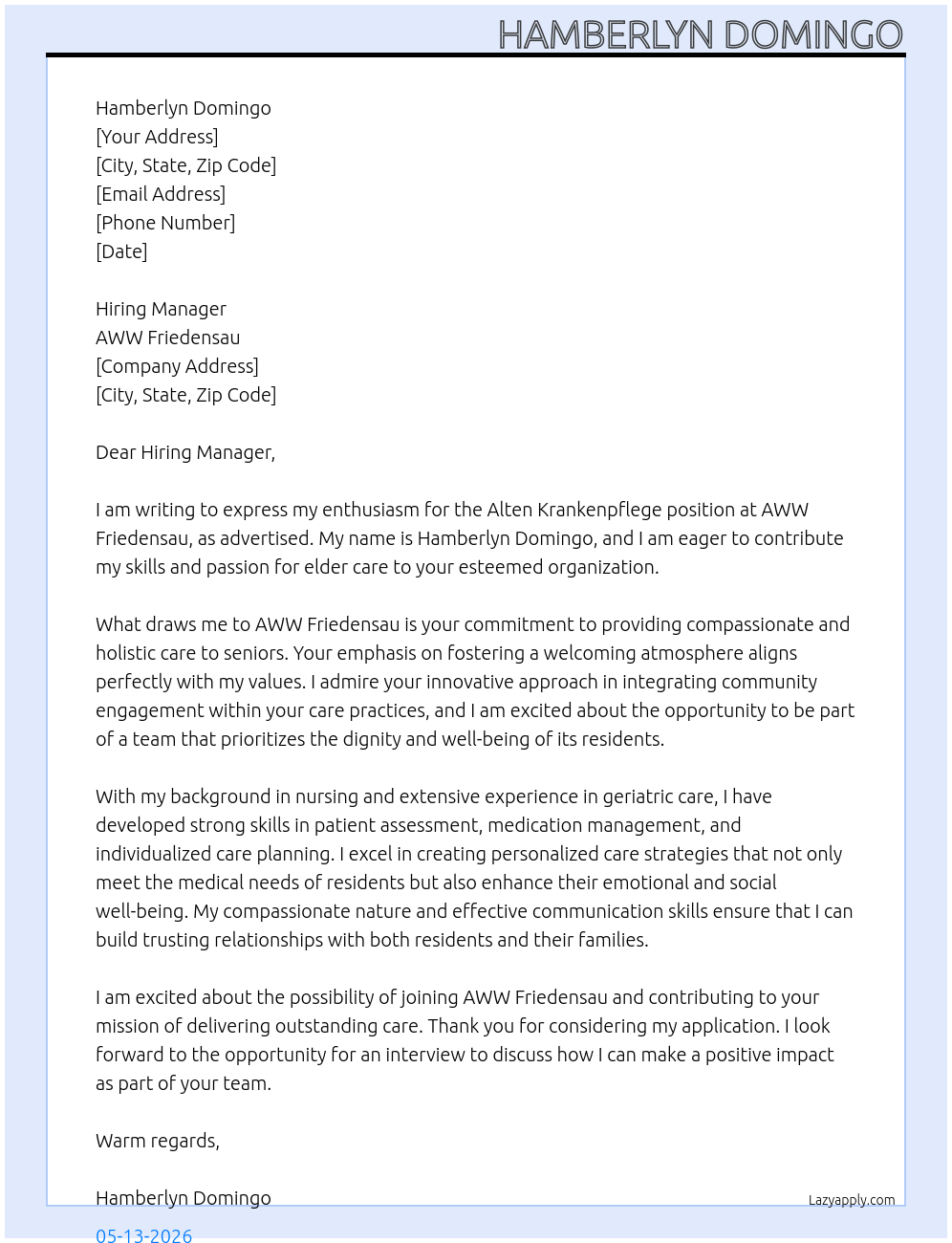 Alten Kranken Pflege At AWW Friedensau Cover Letter