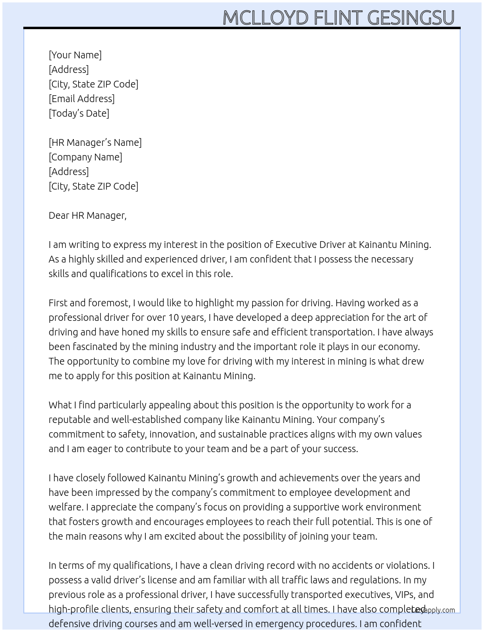 Executive Driver At KAINANTU MINING Cover Letter