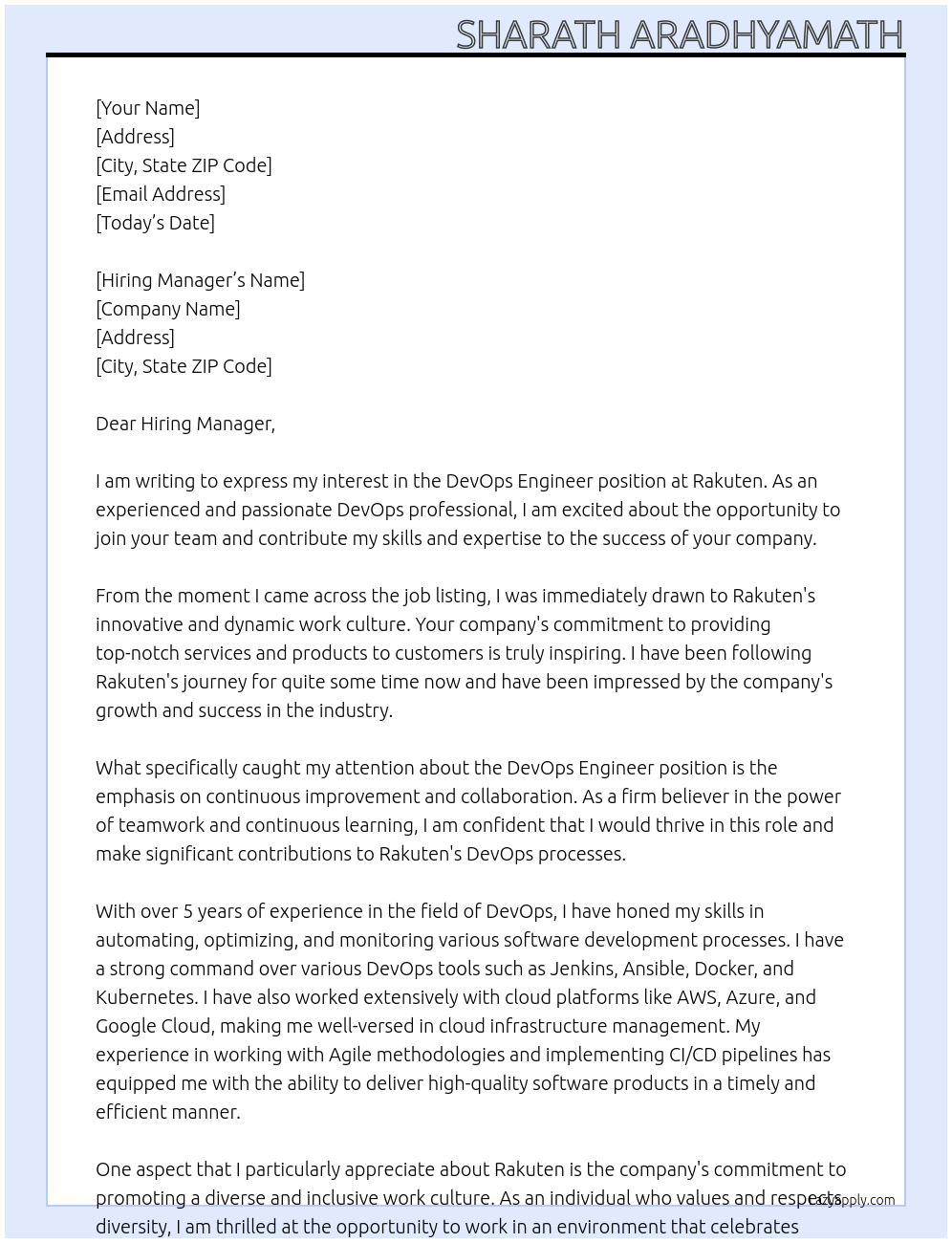 DevOps Engineer At Rakuten Cover Letter