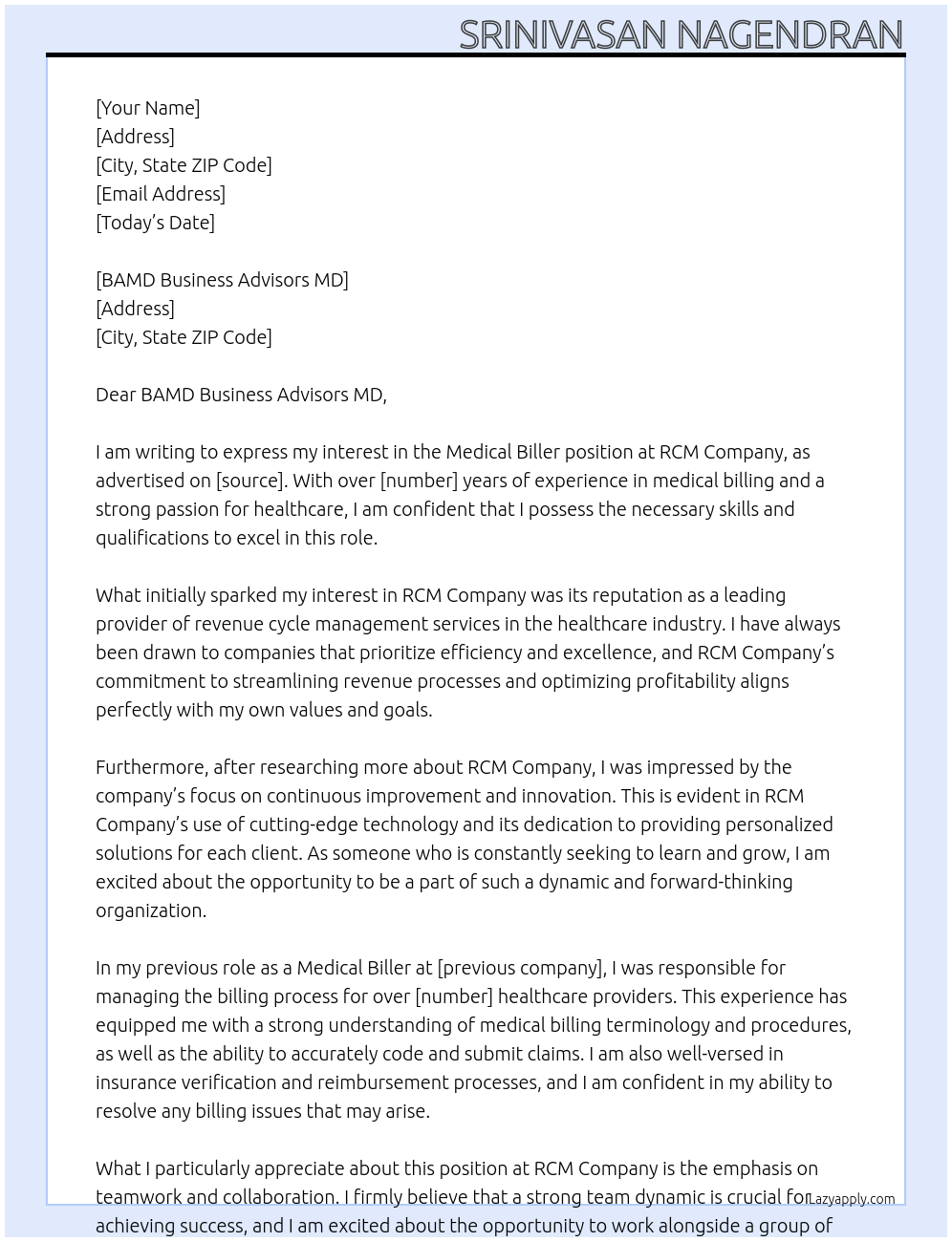 Medical Biller At RCM Company Cover Letter