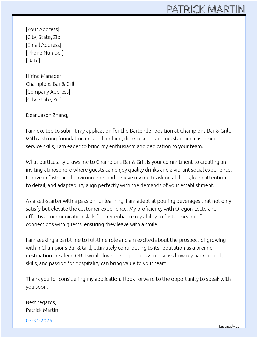 Bartender At Champions Bar & Grill Cover Letter