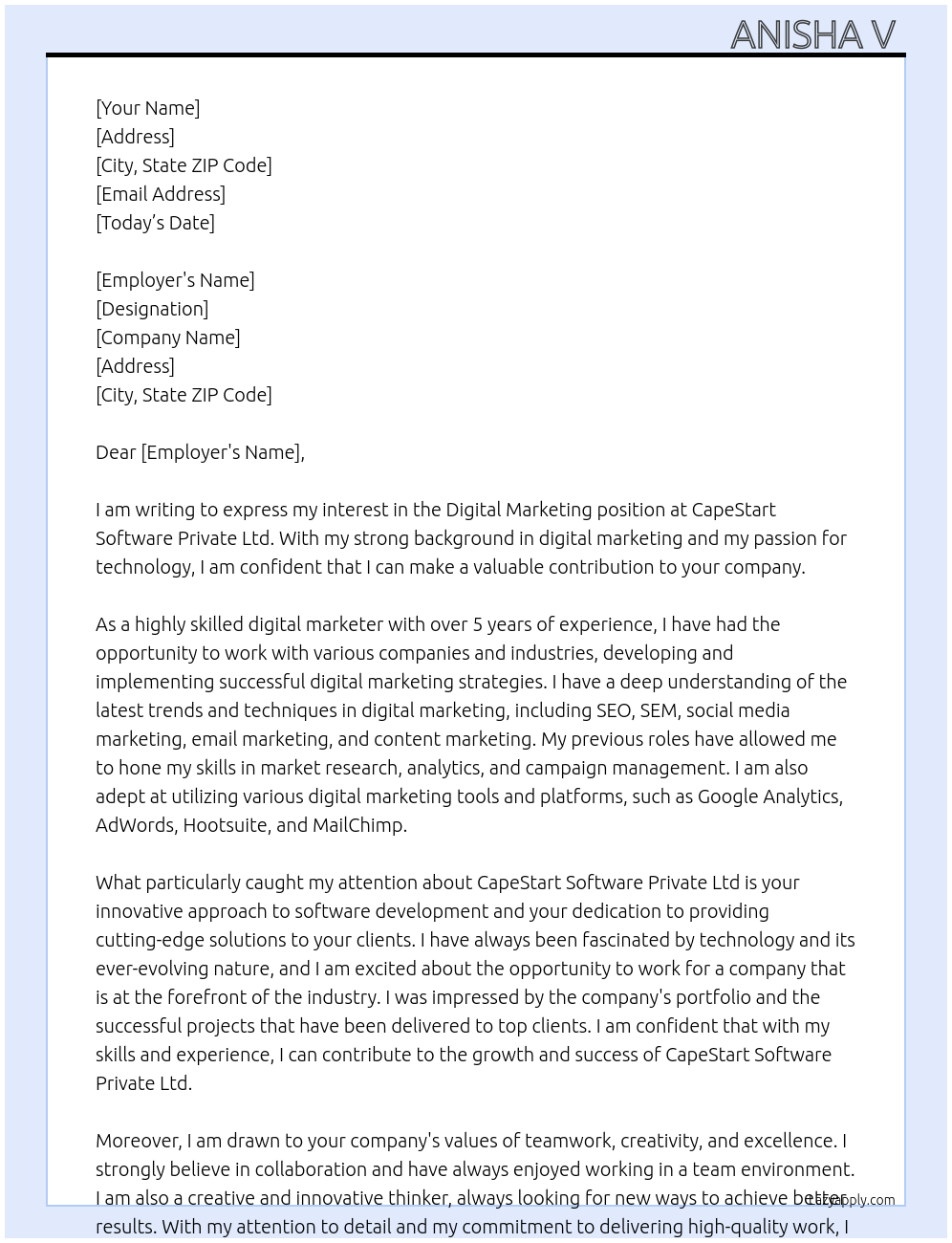 Digital marketing At CapeStart Software Private Ltd Cover Letter