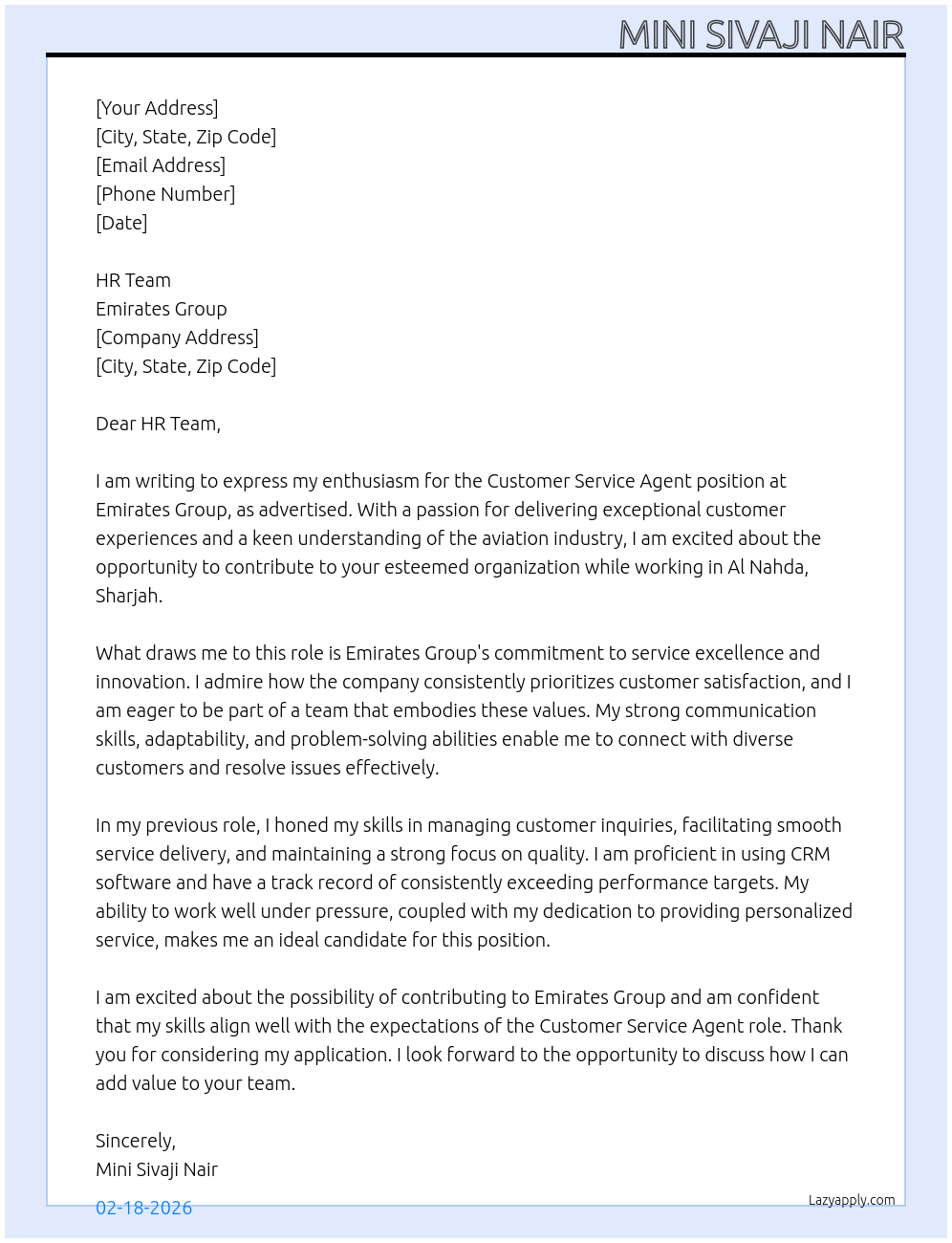 Customer Service Agent At Emirates Group Cover Letter