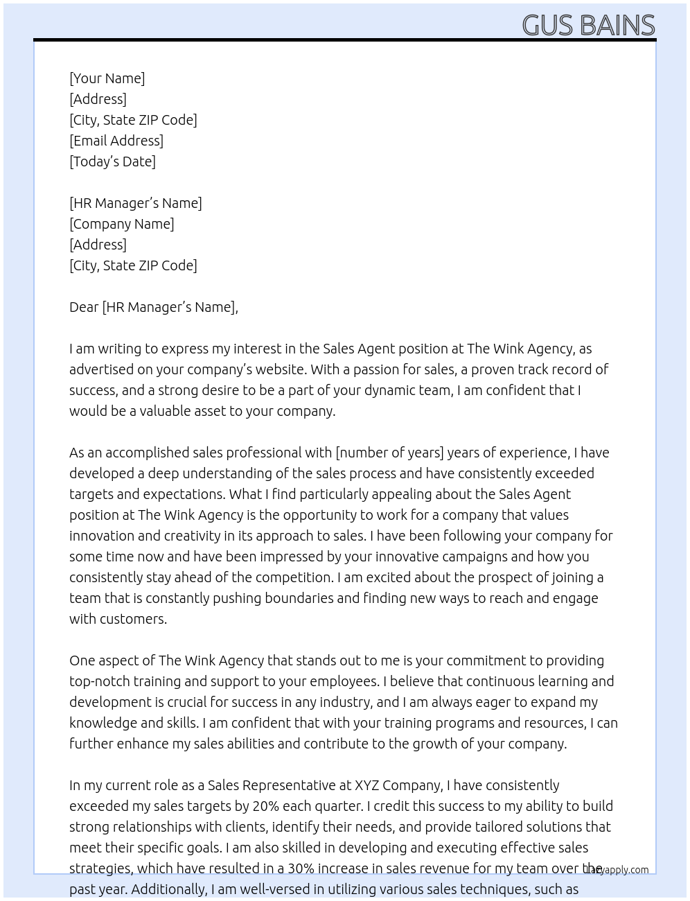 Sales Agent At The Wink Agency Cover Letter
