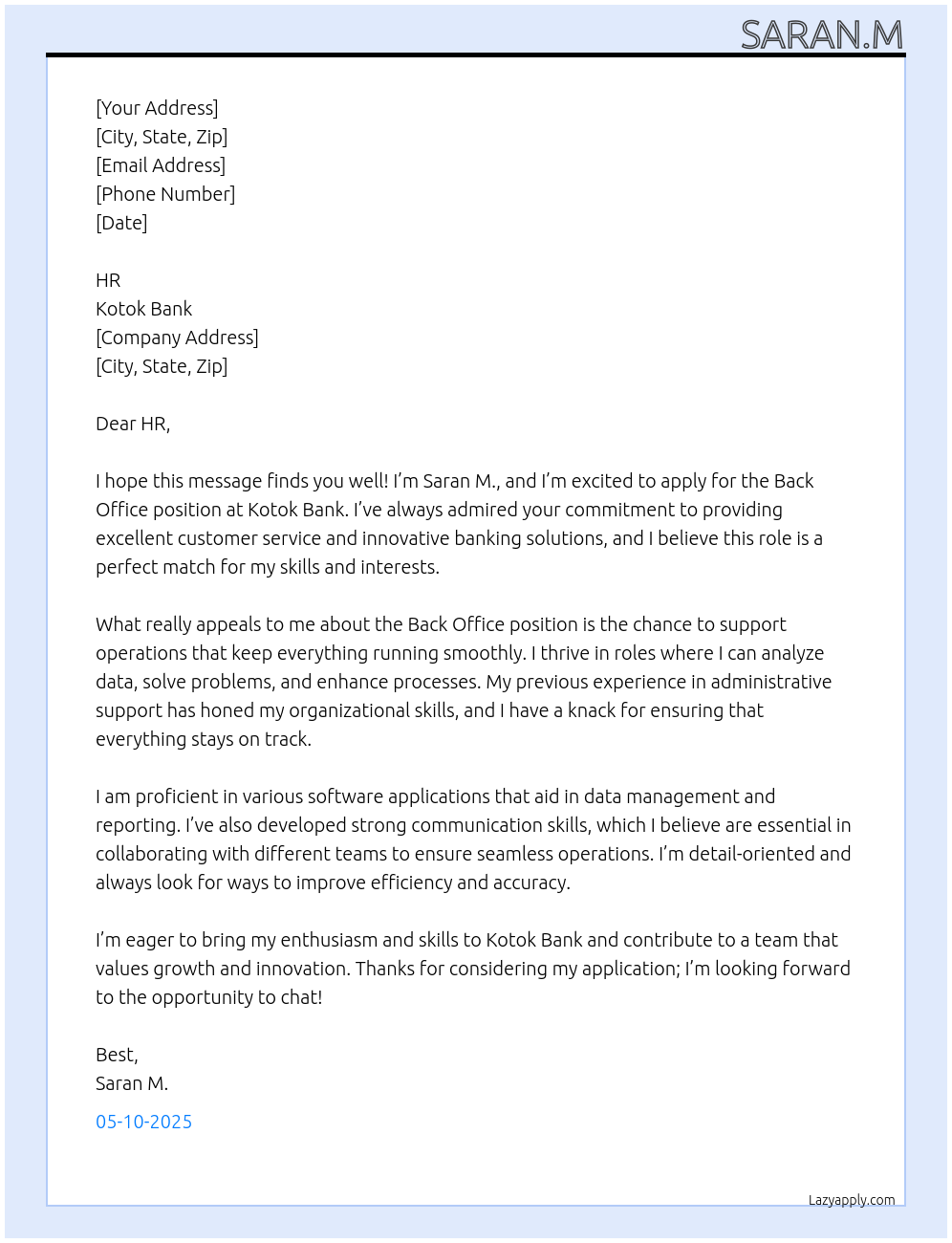 Back office At Kotok bank Cover Letter