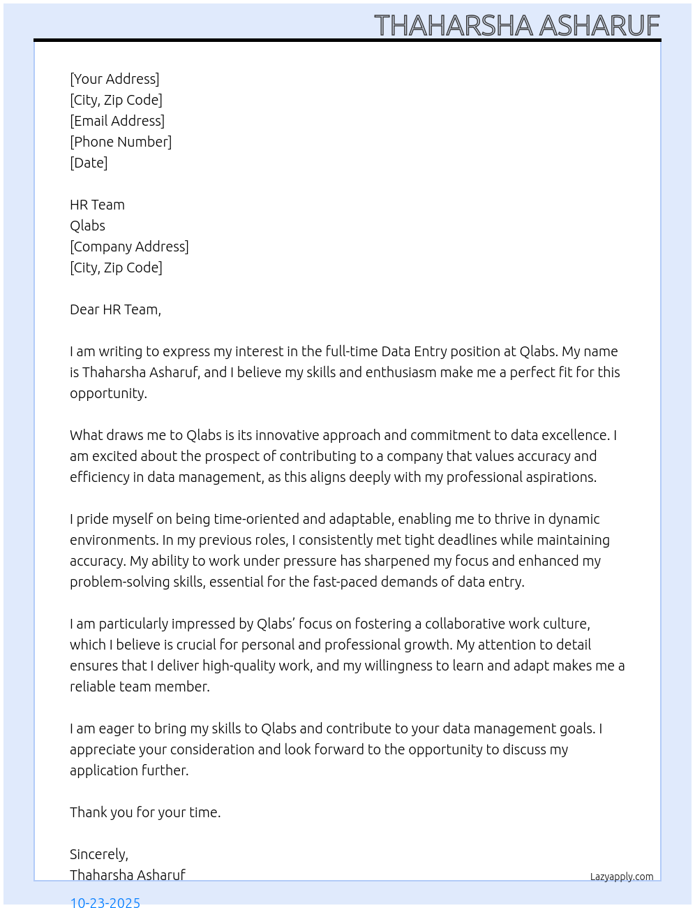 Data entry At Qlabs Cover Letter
