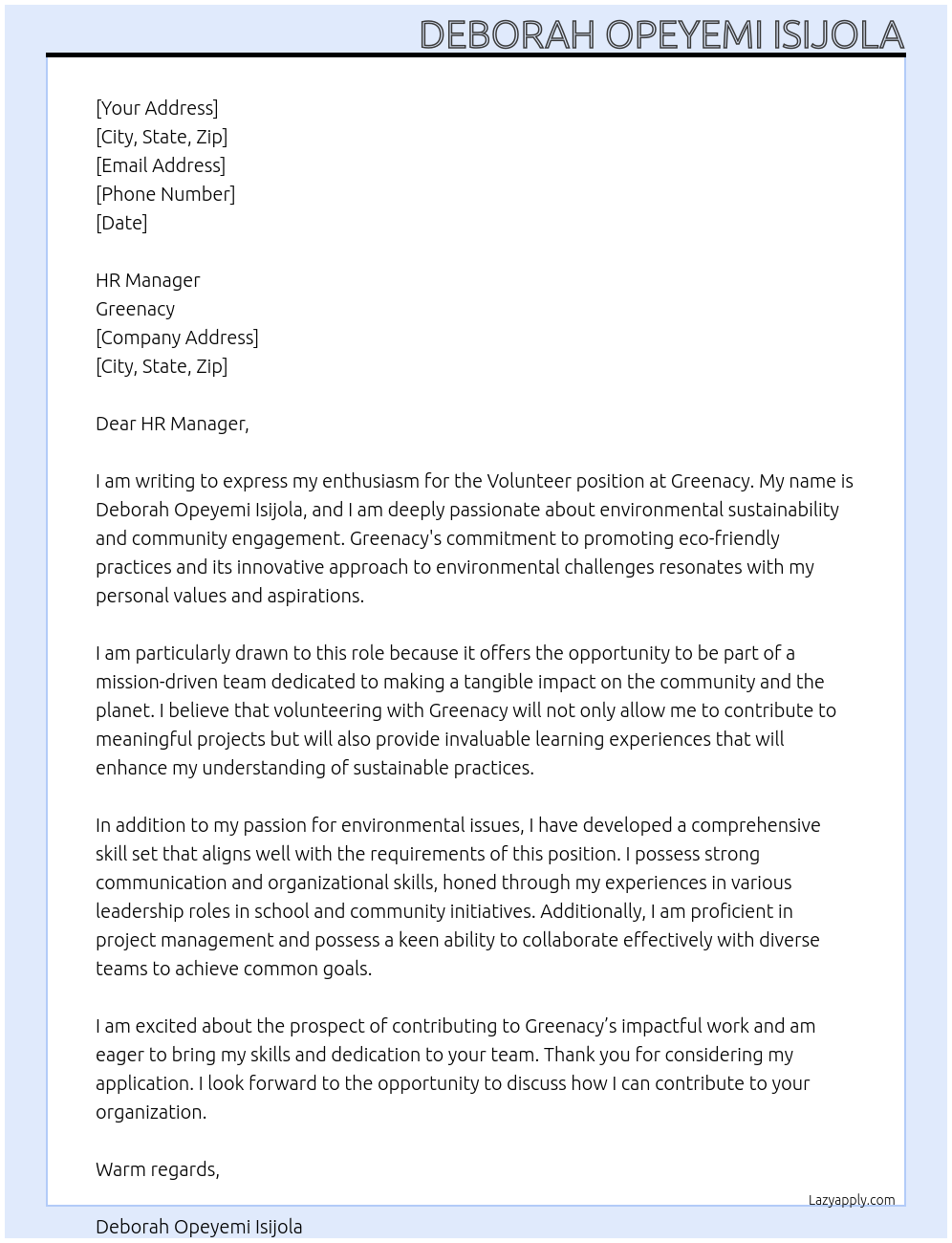VOLUNTEER At Greenacy Cover Letter